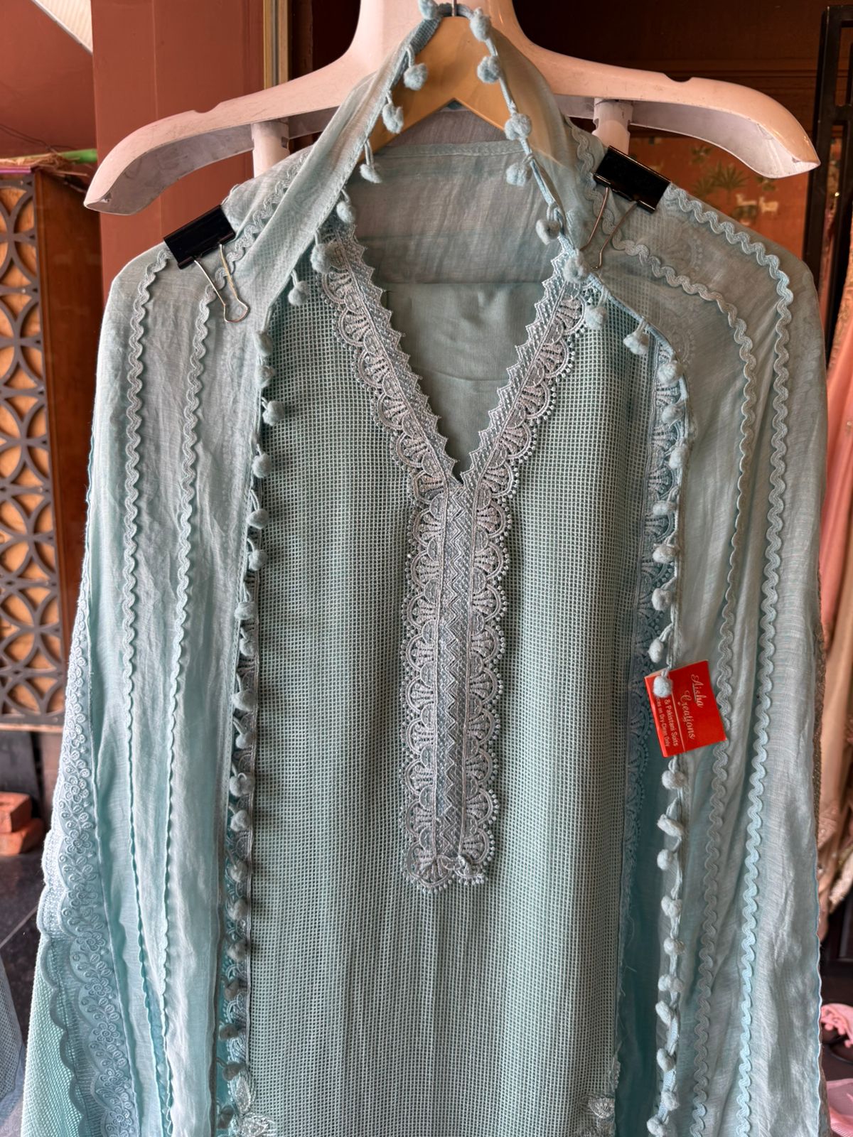 Elegant Pastel  Embroidered Suit Set with Lace Dupatta