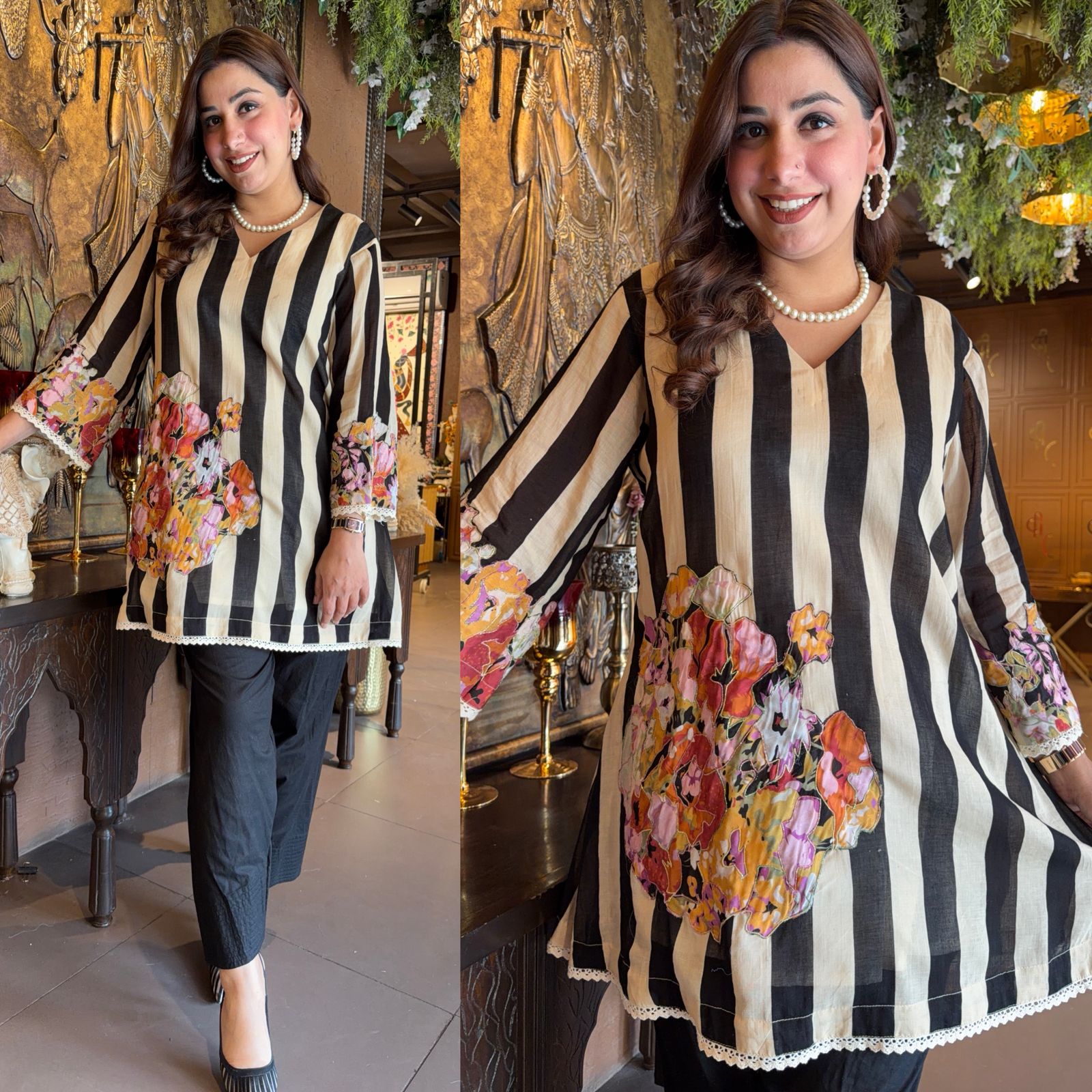 Striped Floral Appliqué Kurta Set