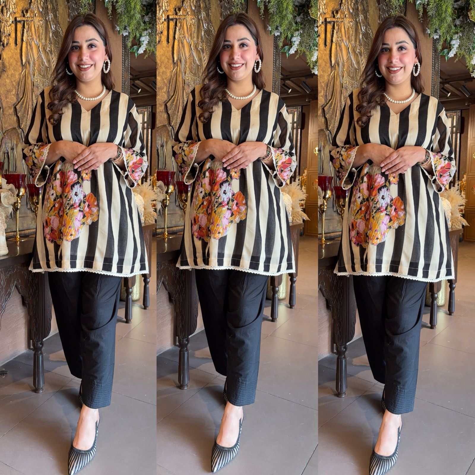 Striped Floral Appliqué Kurta Set
