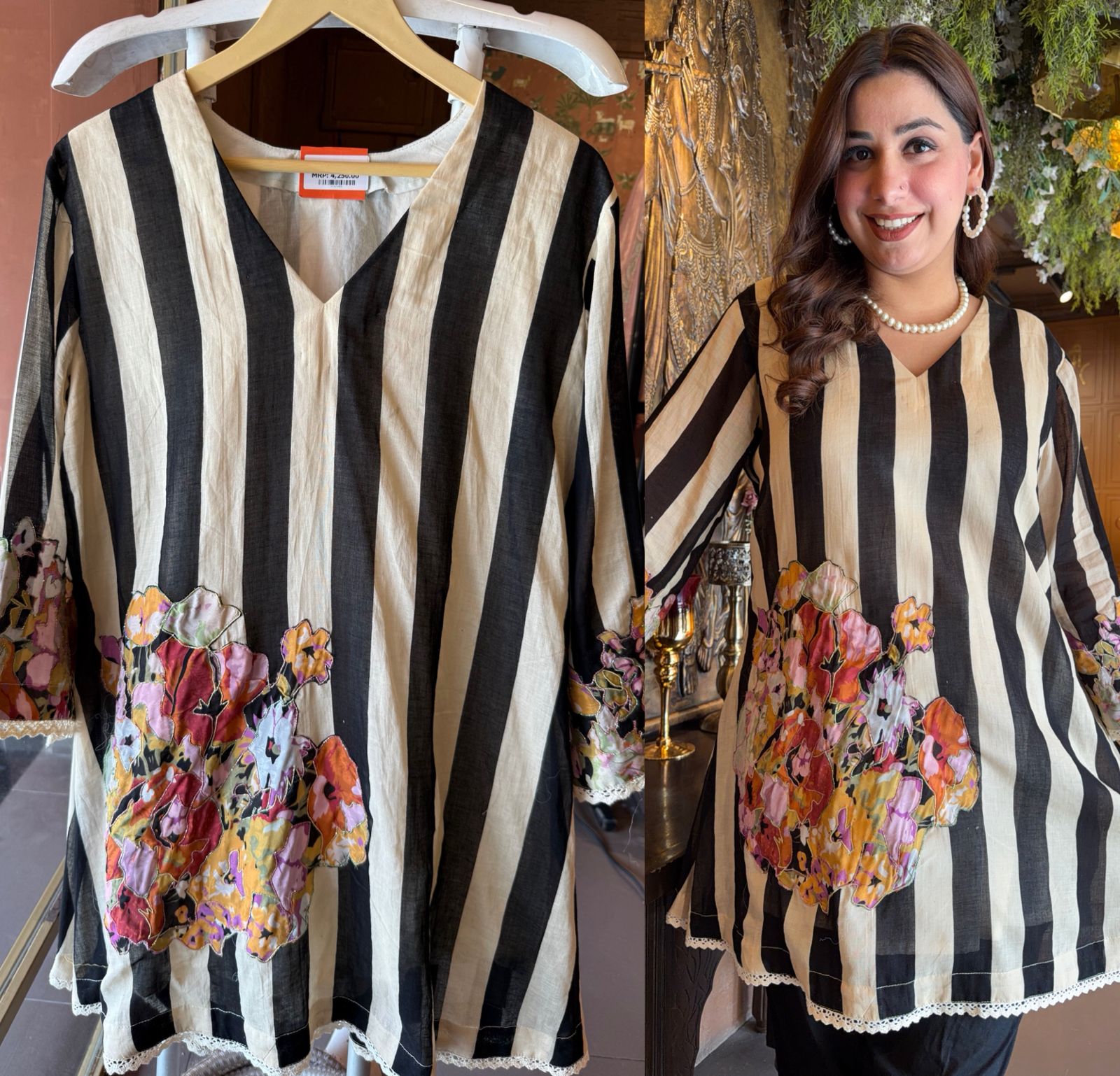 Striped Floral Appliqué Kurta Set