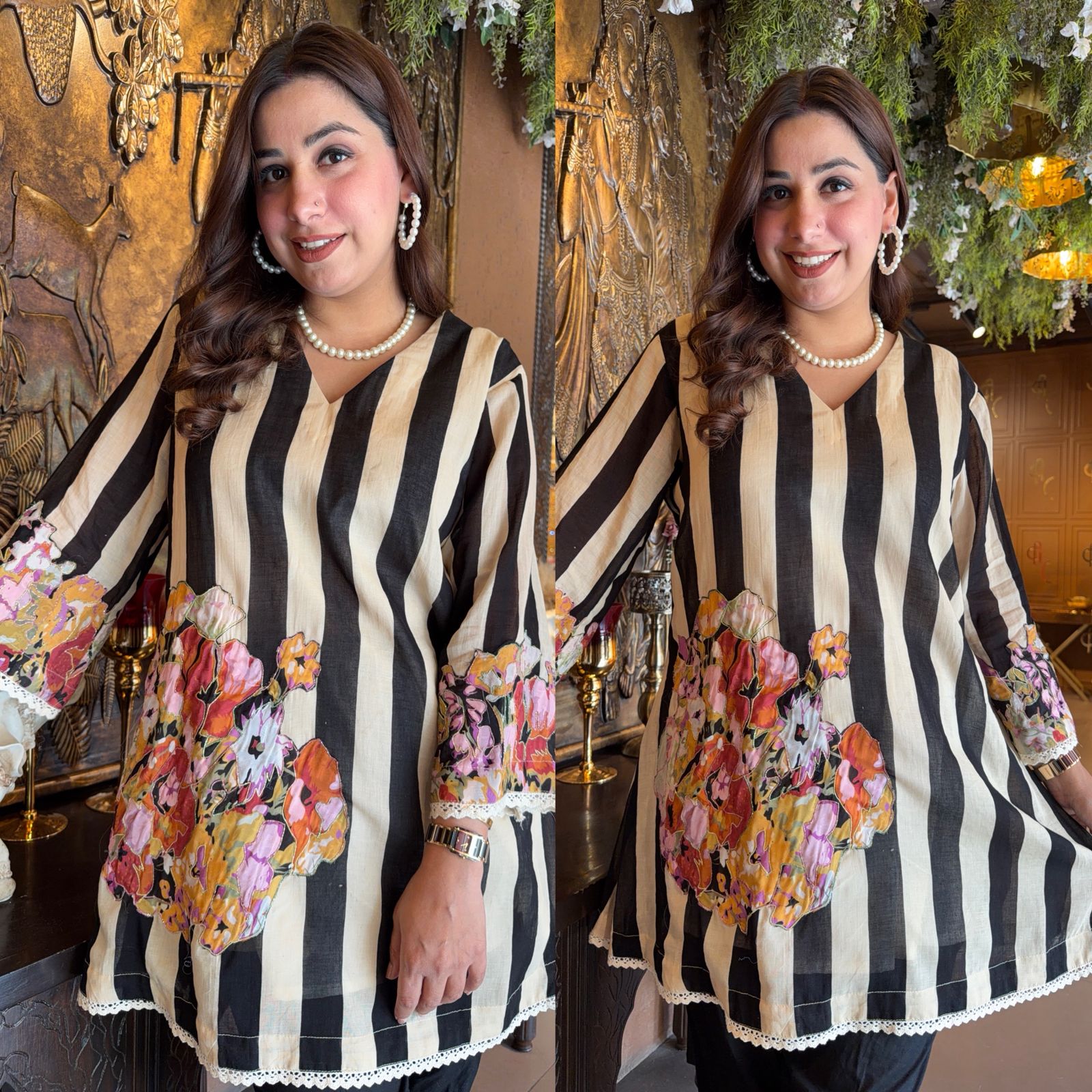 Striped Floral Appliqué Kurta Set