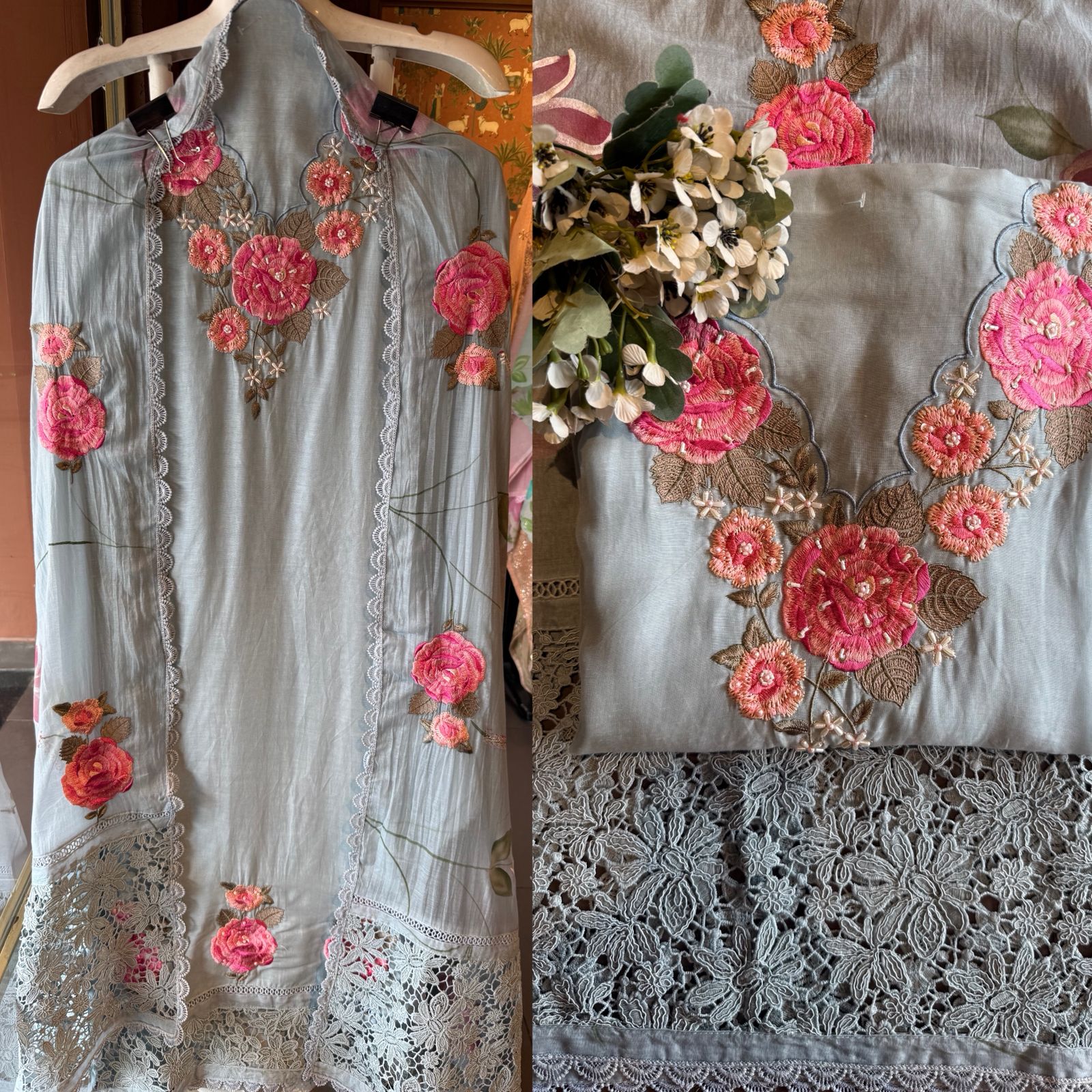 Floral Embroidered Suit Set with Mul Dupatta