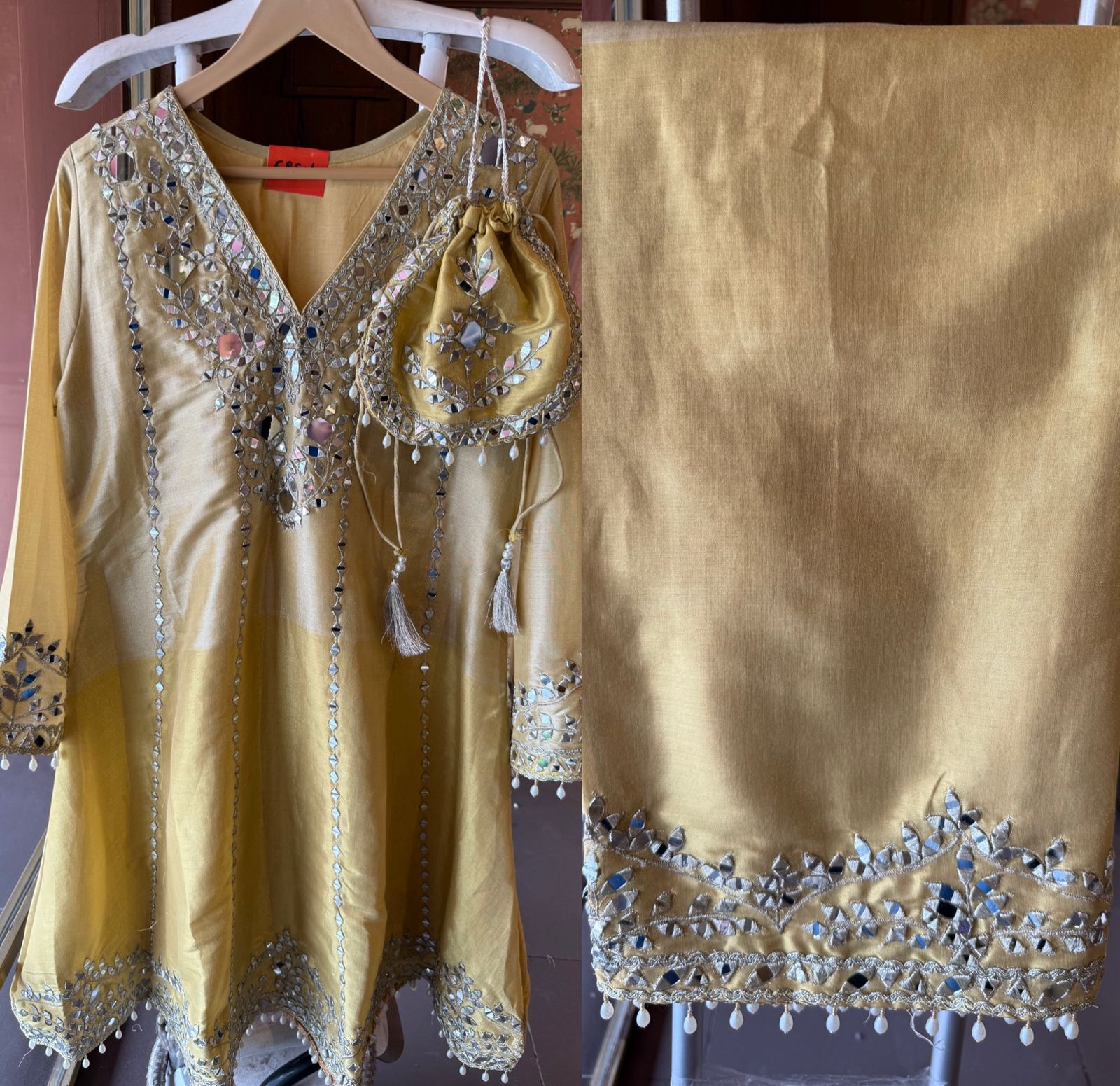 Mirror Work Kurta Pant Set with Potli Bag