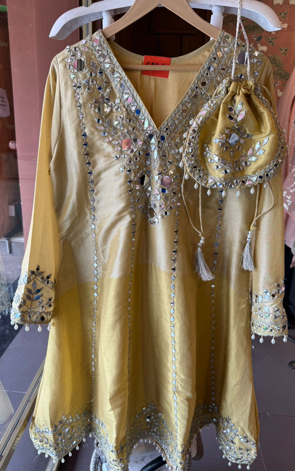 Mirror Work Kurta Pant Set with Potli Bag