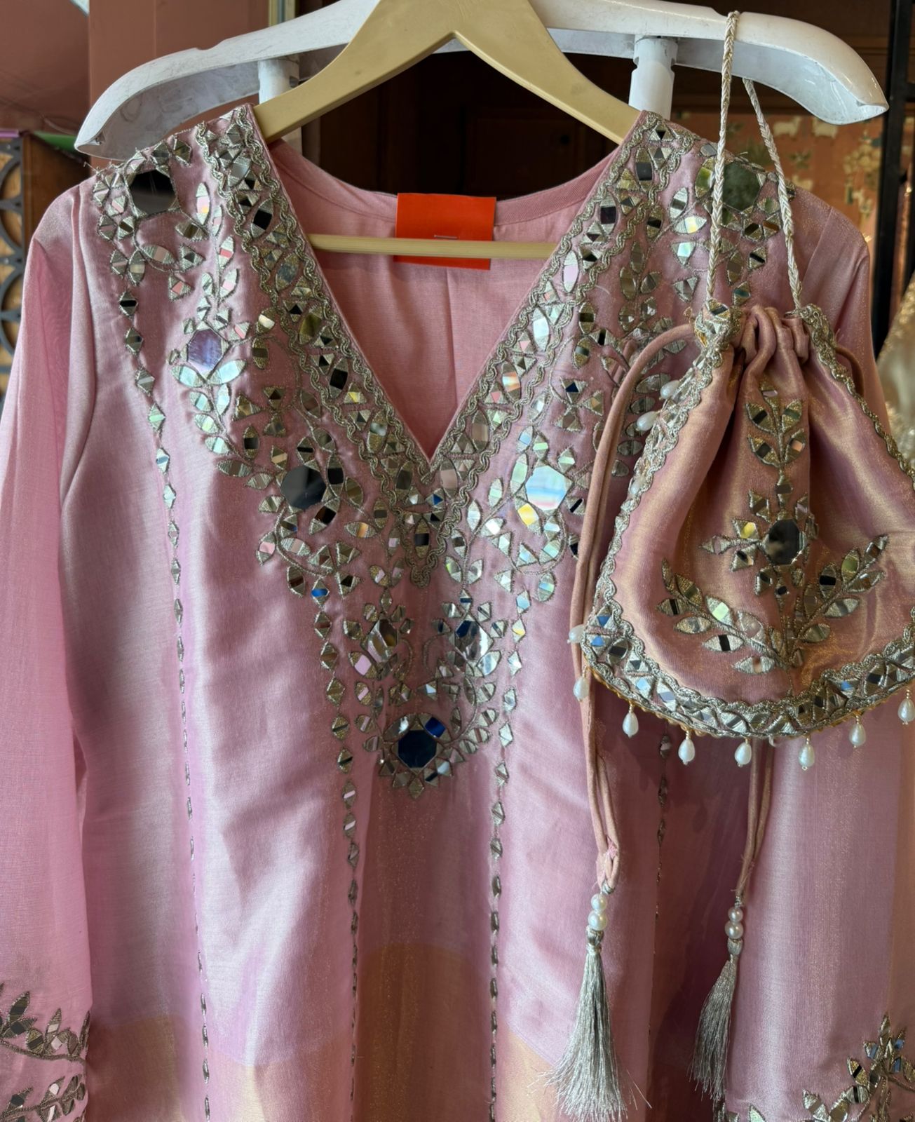 Mirror Work Kurta Pant Set with Potli Bag