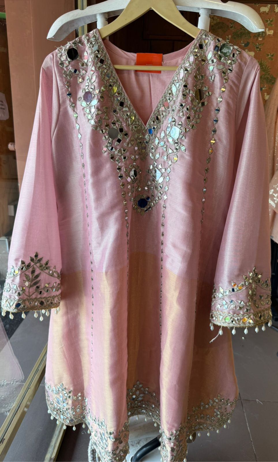 Mirror Work Kurta Pant Set with Potli Bag