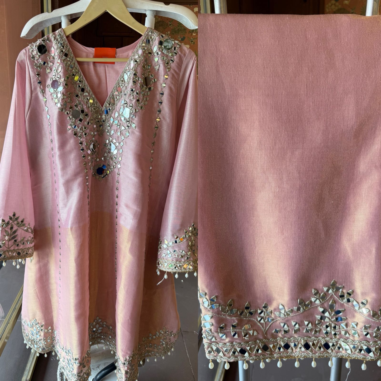 Mirror Work Kurta Pant Set with Potli Bag