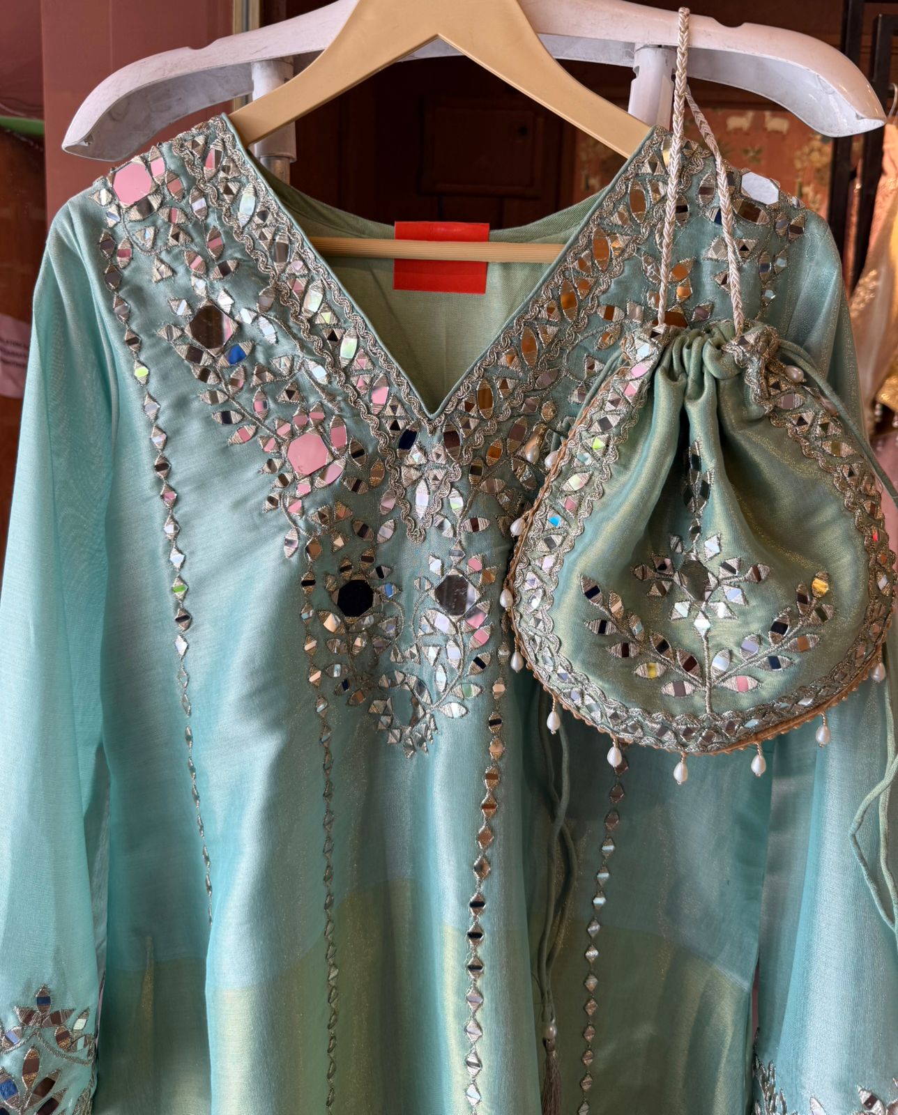 Mirror Work Kurta Pant Set with Potli Bag