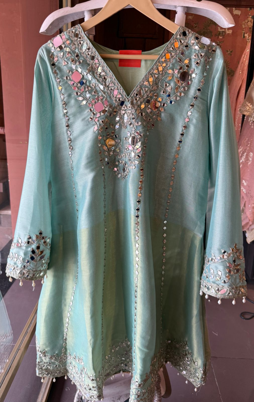 Mirror Work Kurta Pant Set with Potli Bag