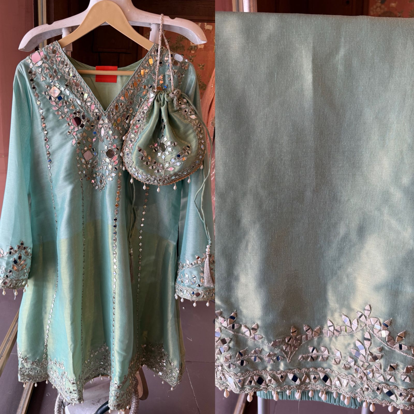 Mirror Work Kurta Pant Set with Potli Bag
