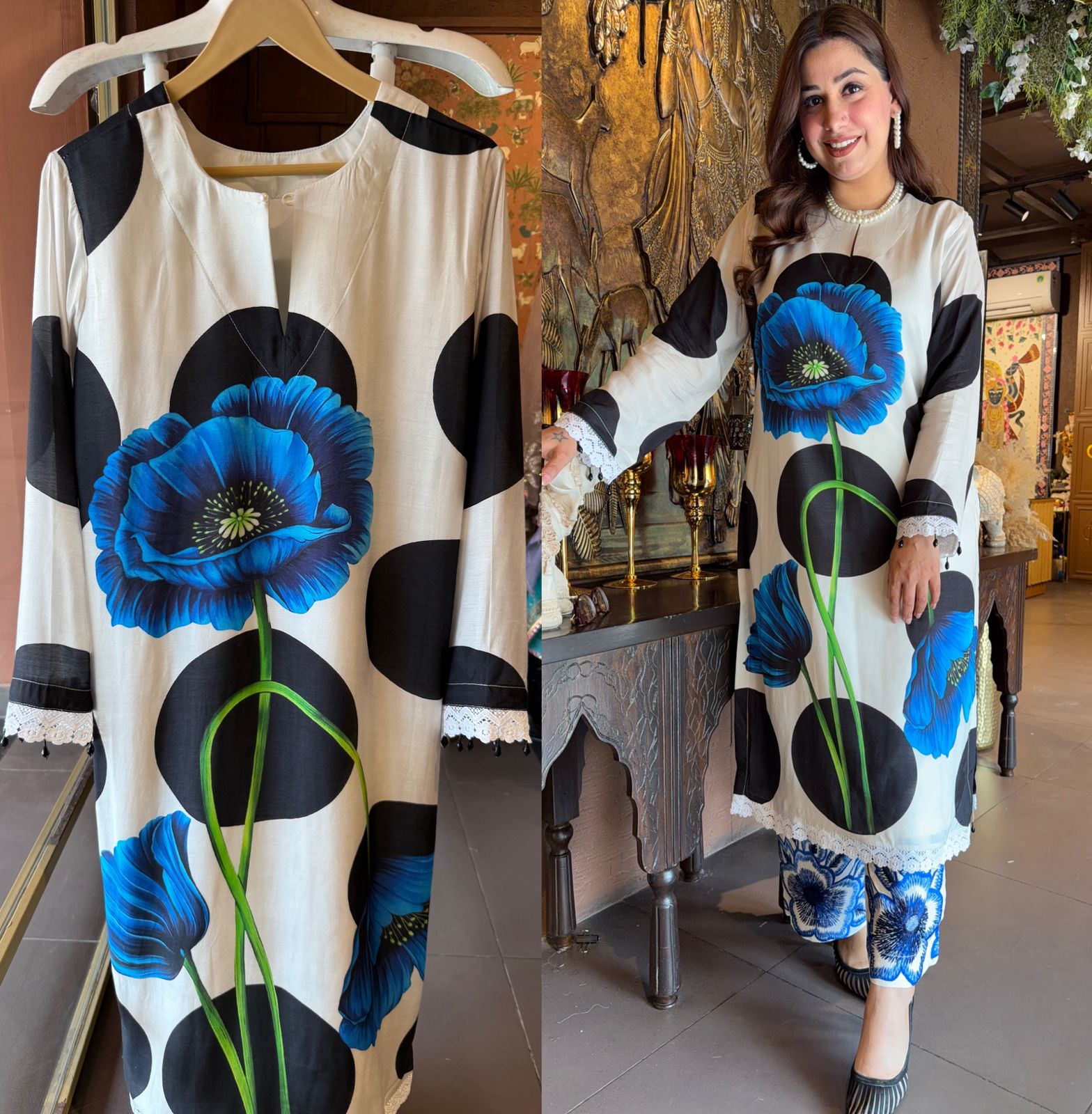 Ivory & Black Polka Dot Floral Printed Kurta