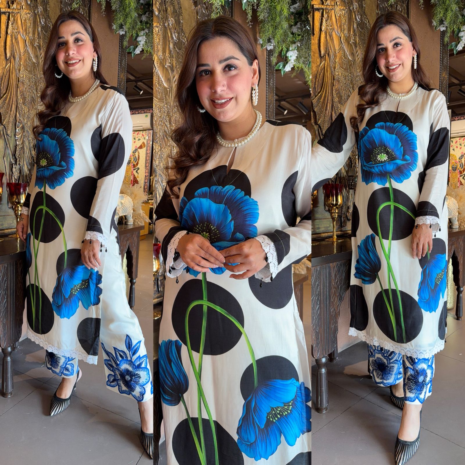 Ivory & Black Polka Dot Floral Printed Kurta