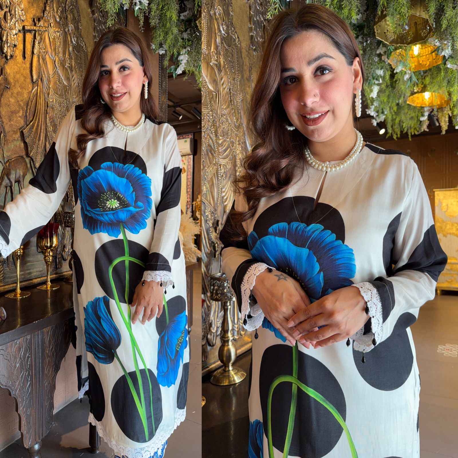 Ivory & Black Polka Dot Floral Printed Kurta