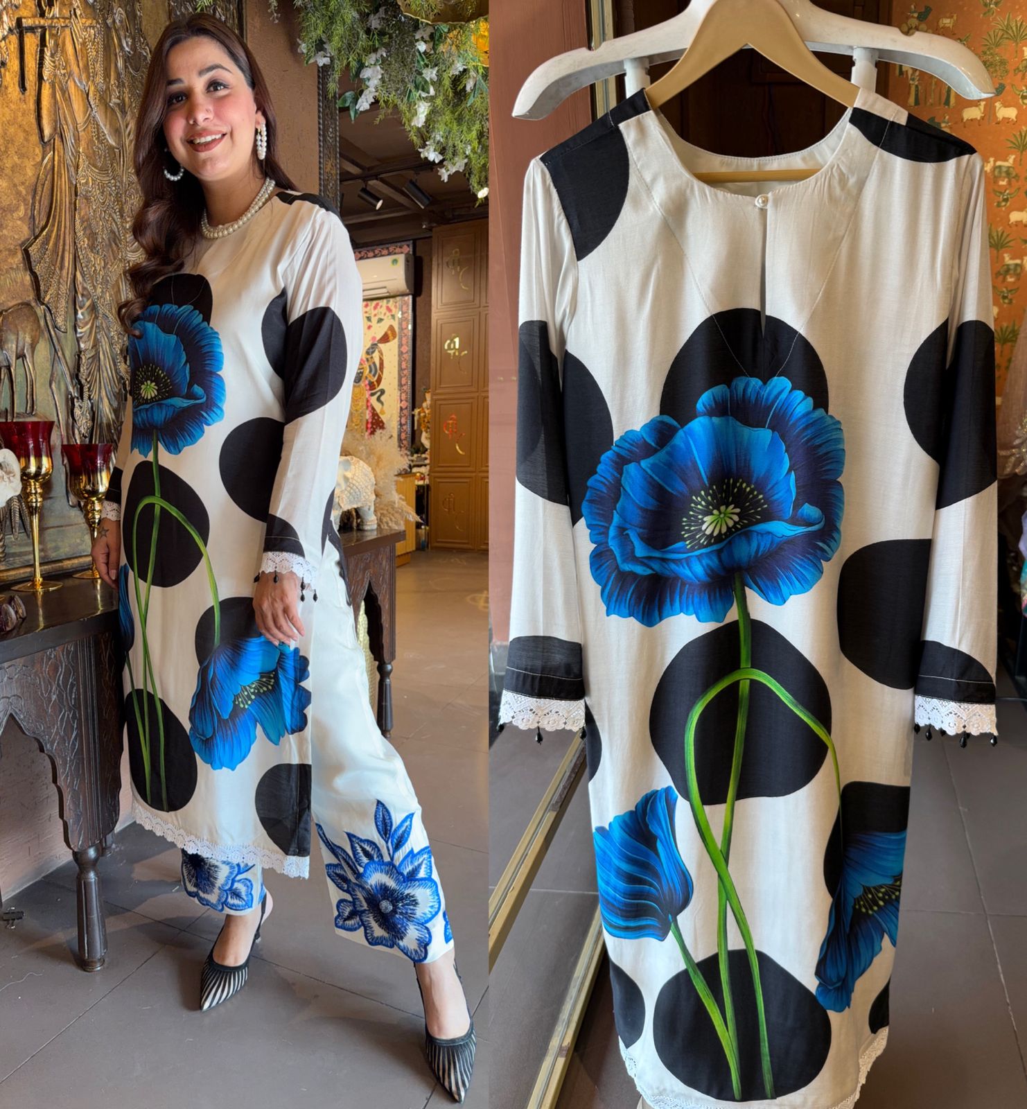 Ivory & Black Polka Dot Floral Printed Kurta