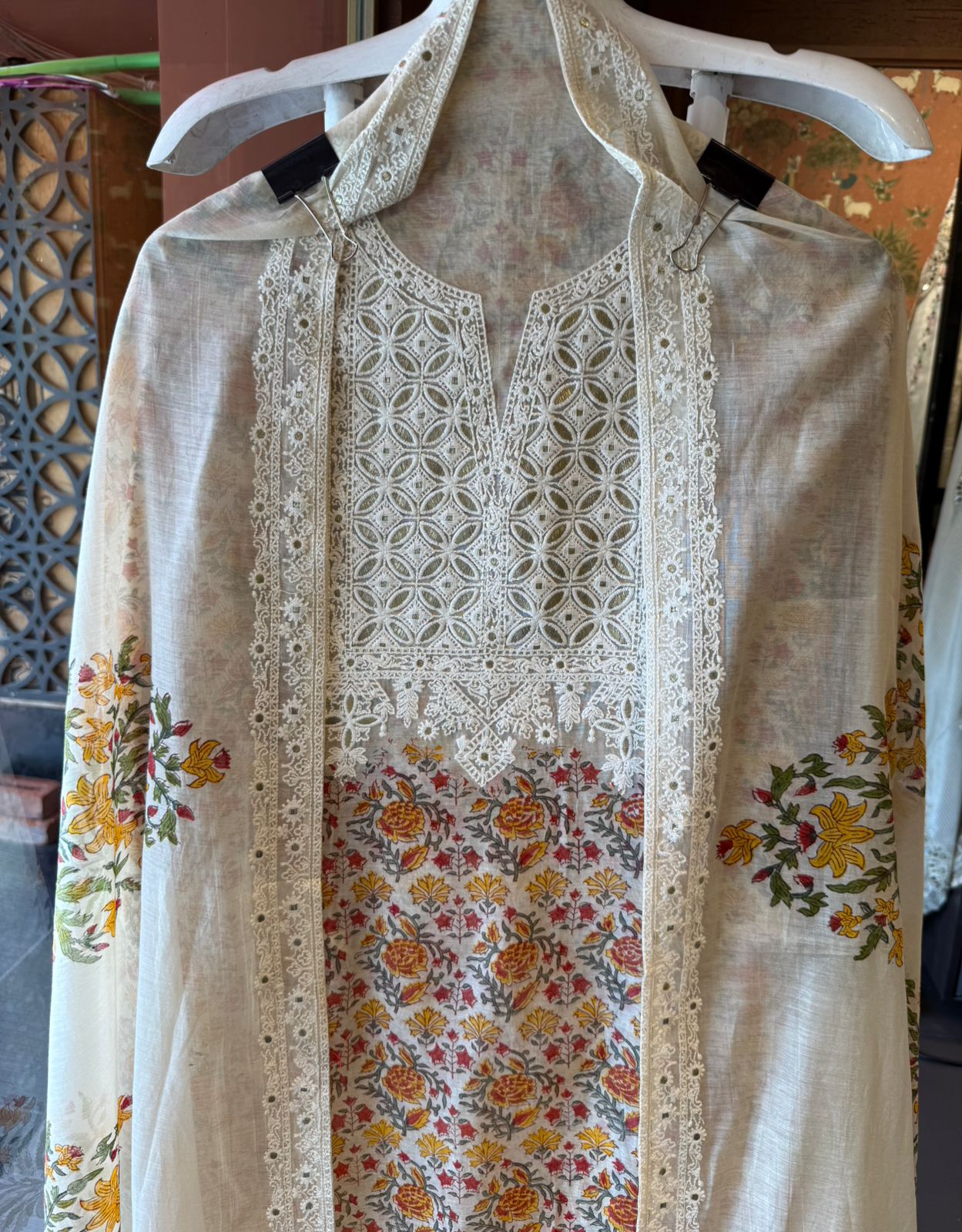 Floral Printed & Thread Embroidered Unstitched suit Set