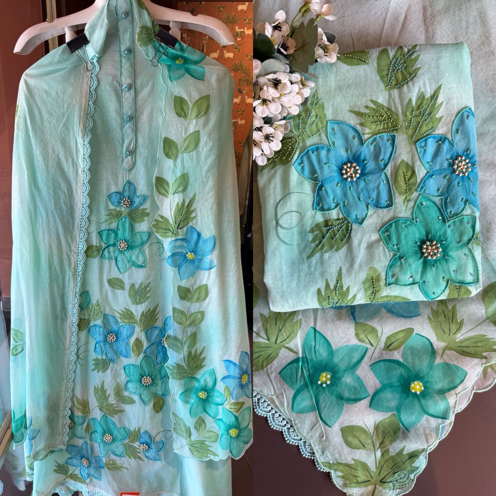 Floral Handpainted Mul cotton unstitched suit Set