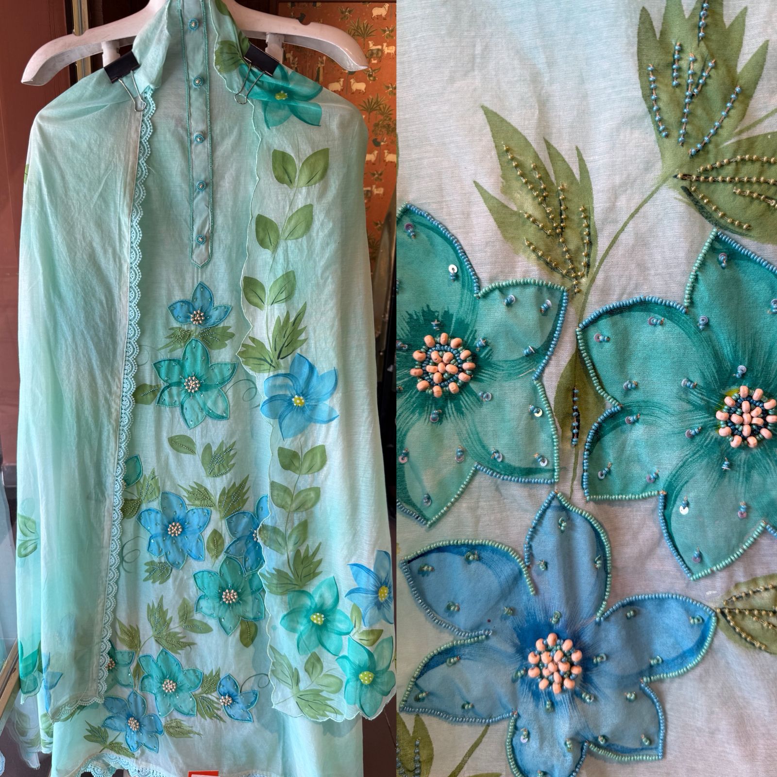 Floral Handpainted Mul cotton unstitched suit Set