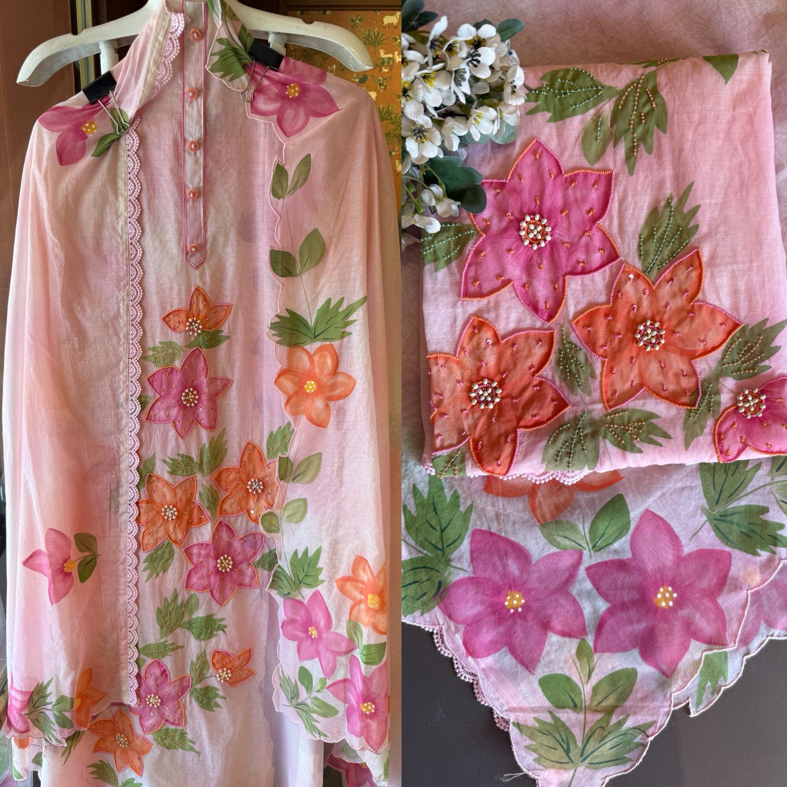 Floral Handpainted Mul cotton unstitched suit Set