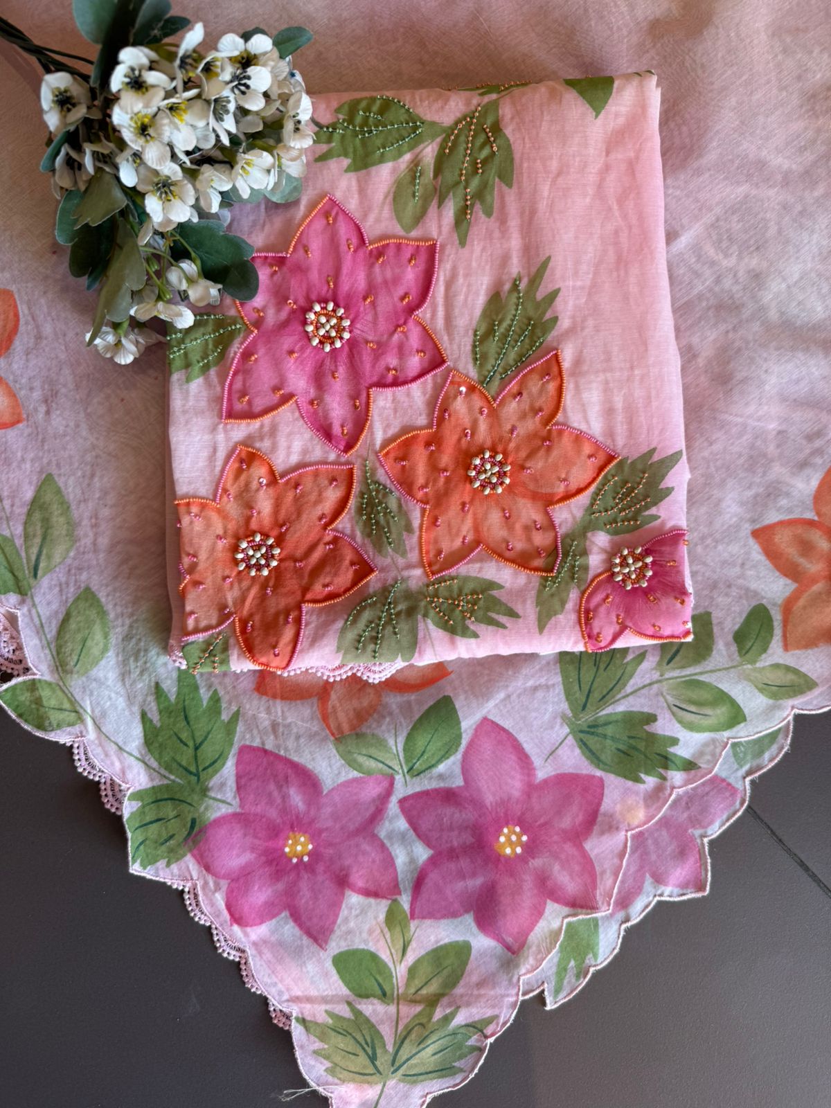 Floral Handpainted Mul cotton unstitched suit Set