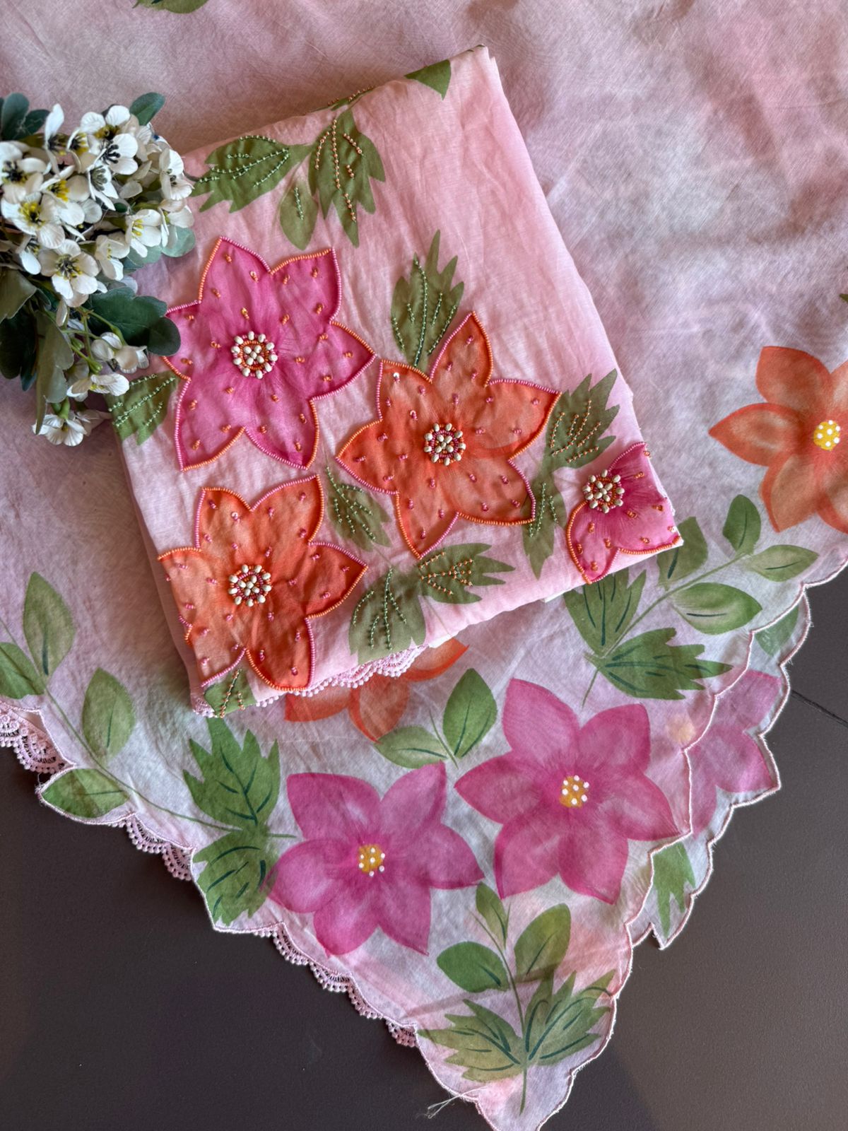Floral Handpainted Mul cotton unstitched suit Set