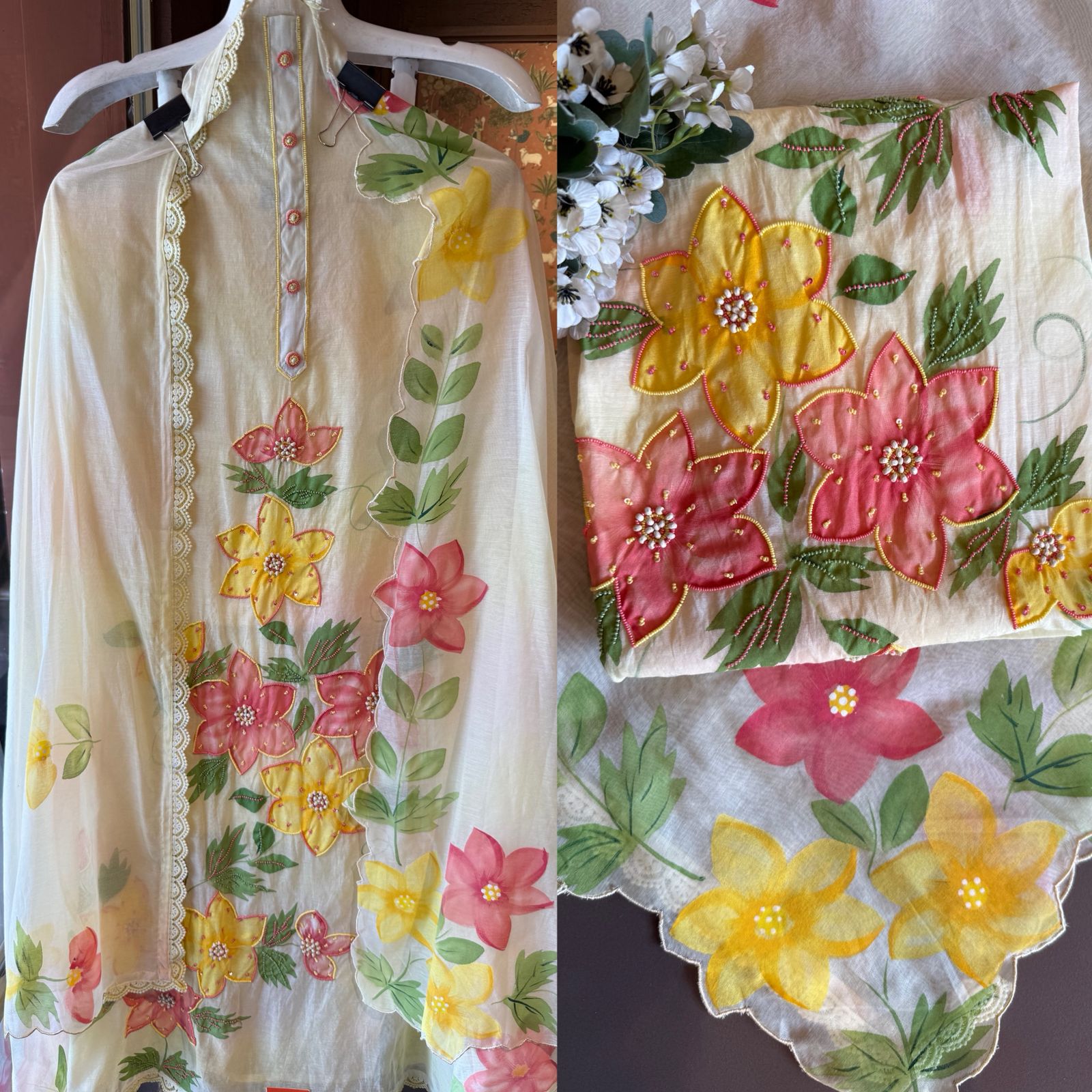 Floral Handpainted Mul cotton unstitched suit Set