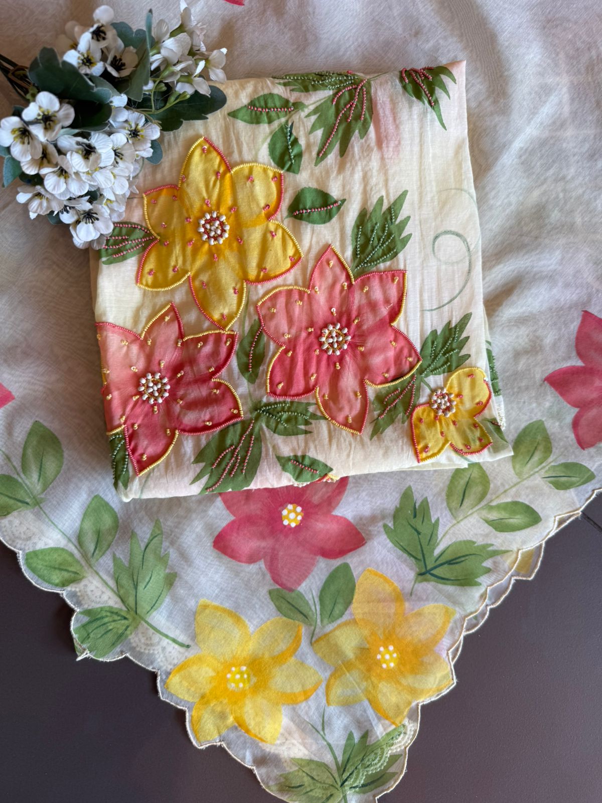 Floral Handpainted Mul cotton unstitched suit Set