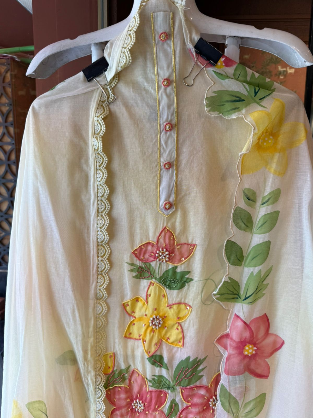 Floral Handpainted Mul cotton unstitched suit Set