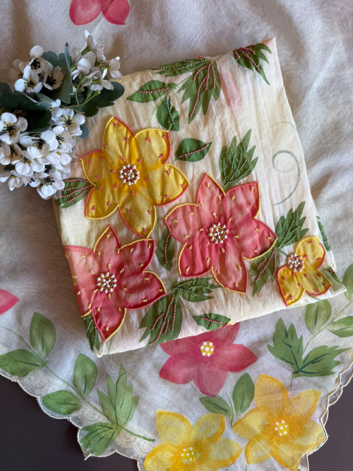 Floral Handpainted Mul cotton unstitched suit Set