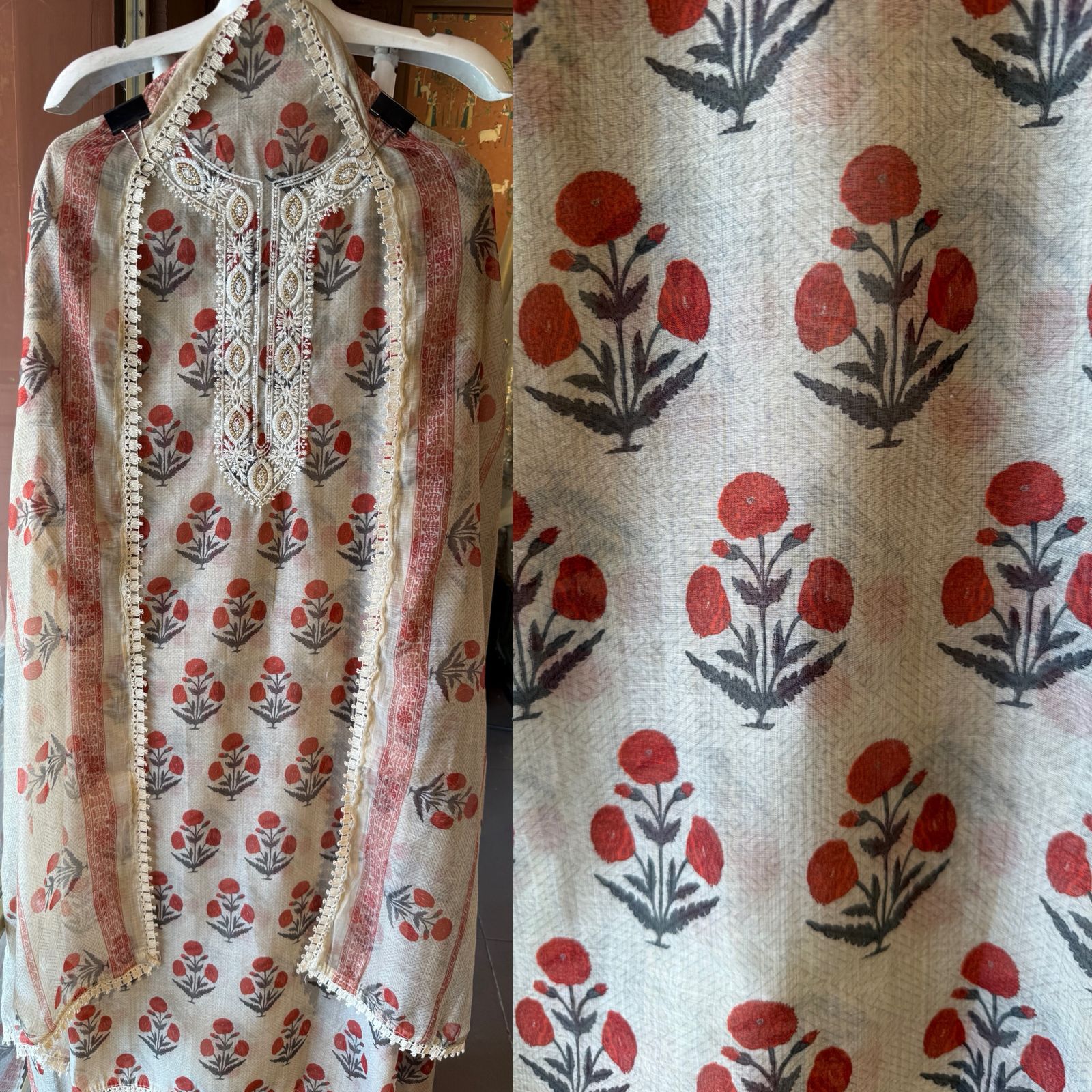 Soft beige base with all-over floral handblock print