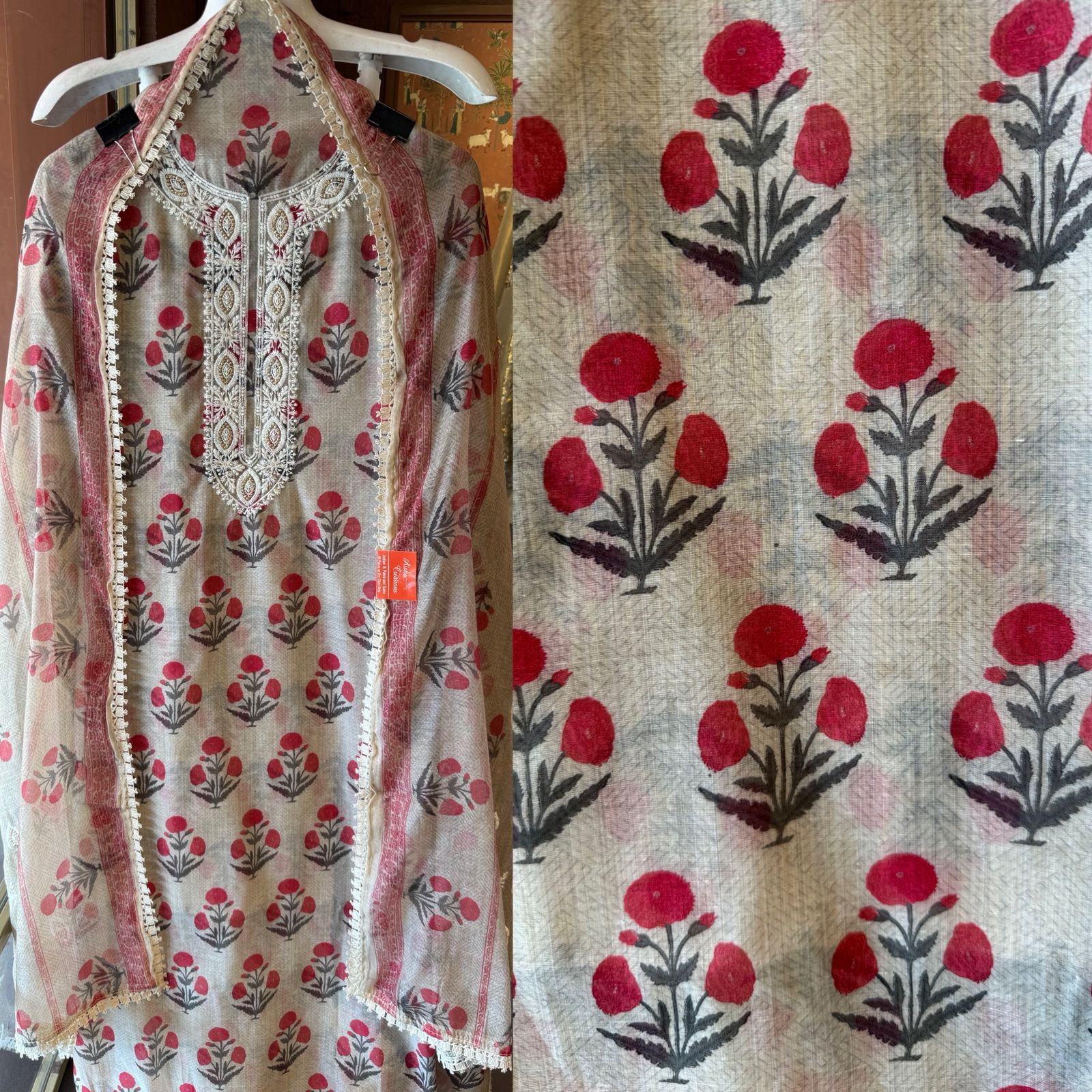 Soft beige base with all-over floral handblock print