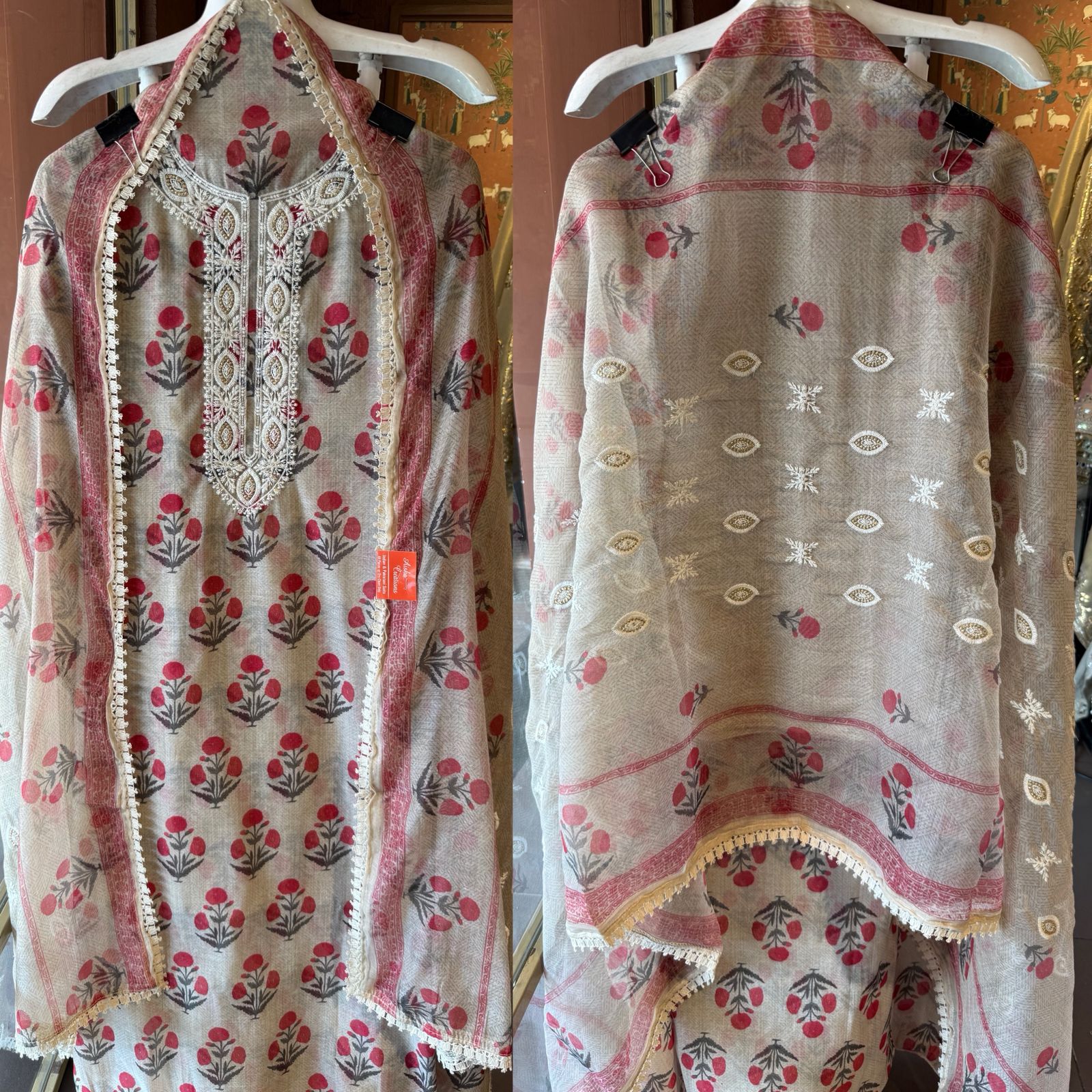 Soft beige base with all-over floral handblock print