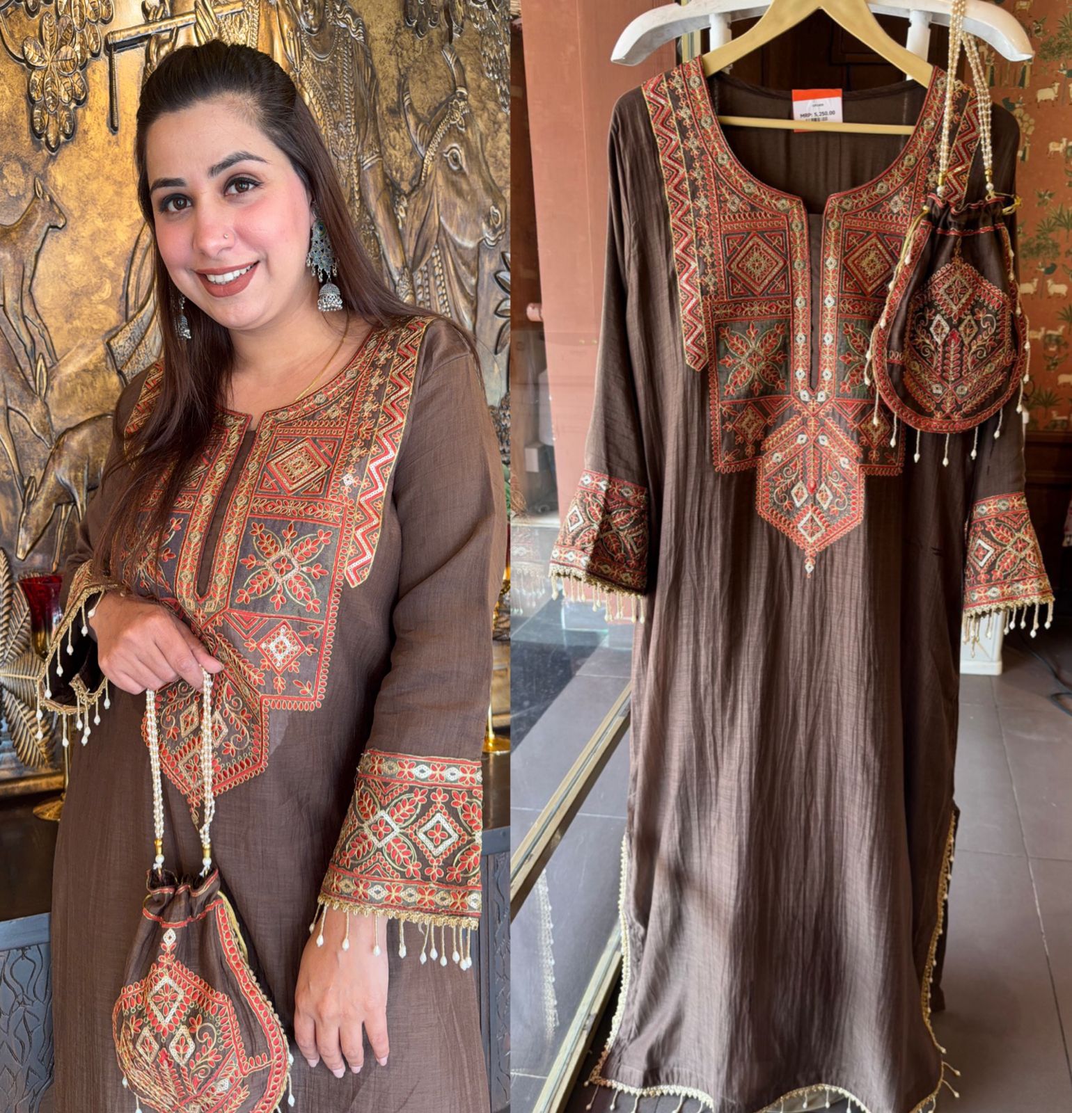 Brown Handwork Mul cotton Long Dress