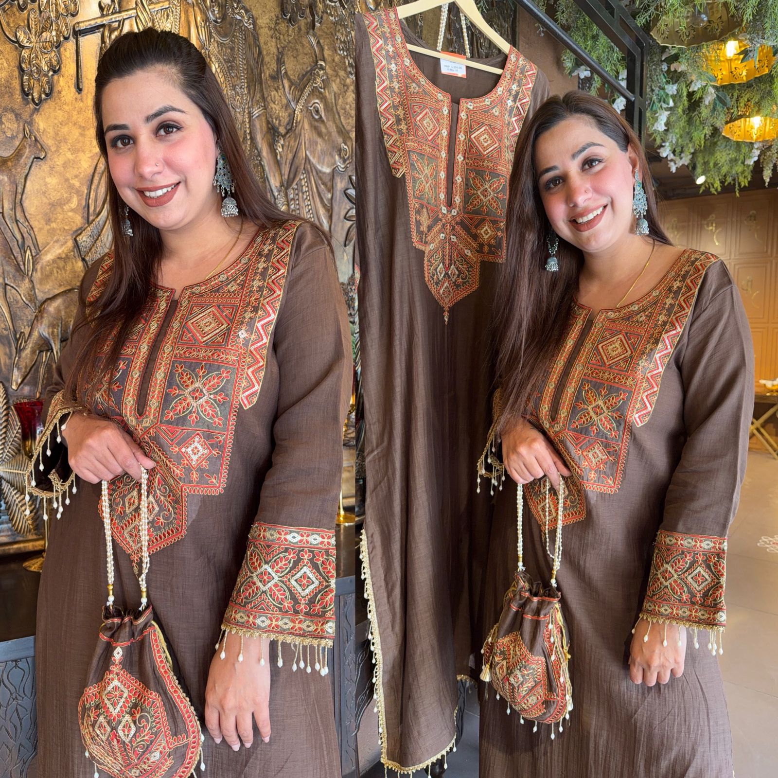 Brown Handwork Mul cotton Long Dress