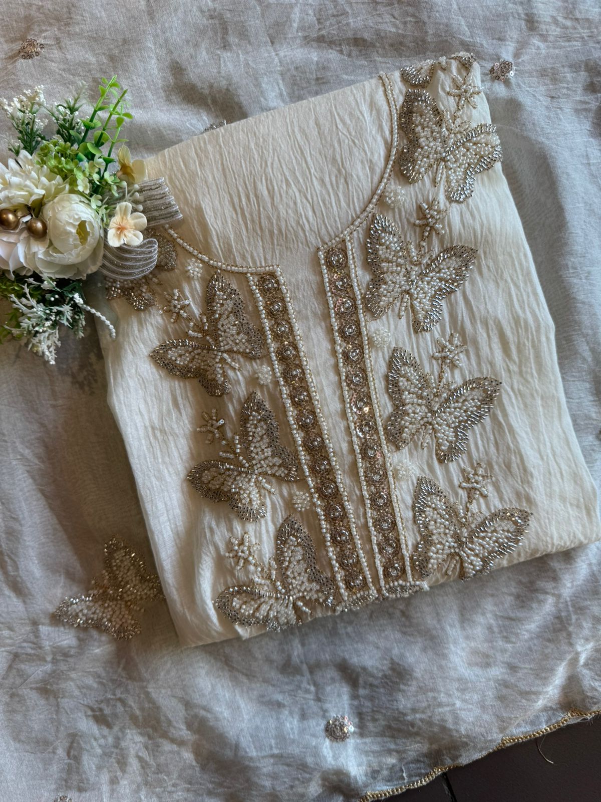 Hand Embellished Butterfly Unstitched suit Set
