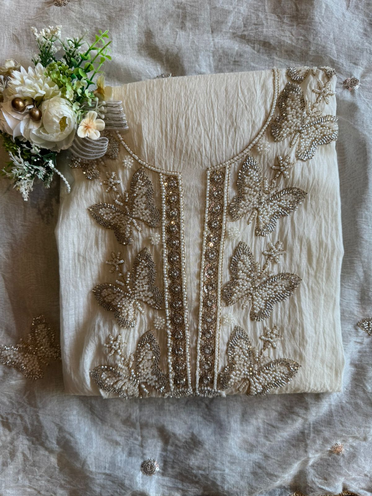 Hand Embellished Butterfly Unstitched suit Set