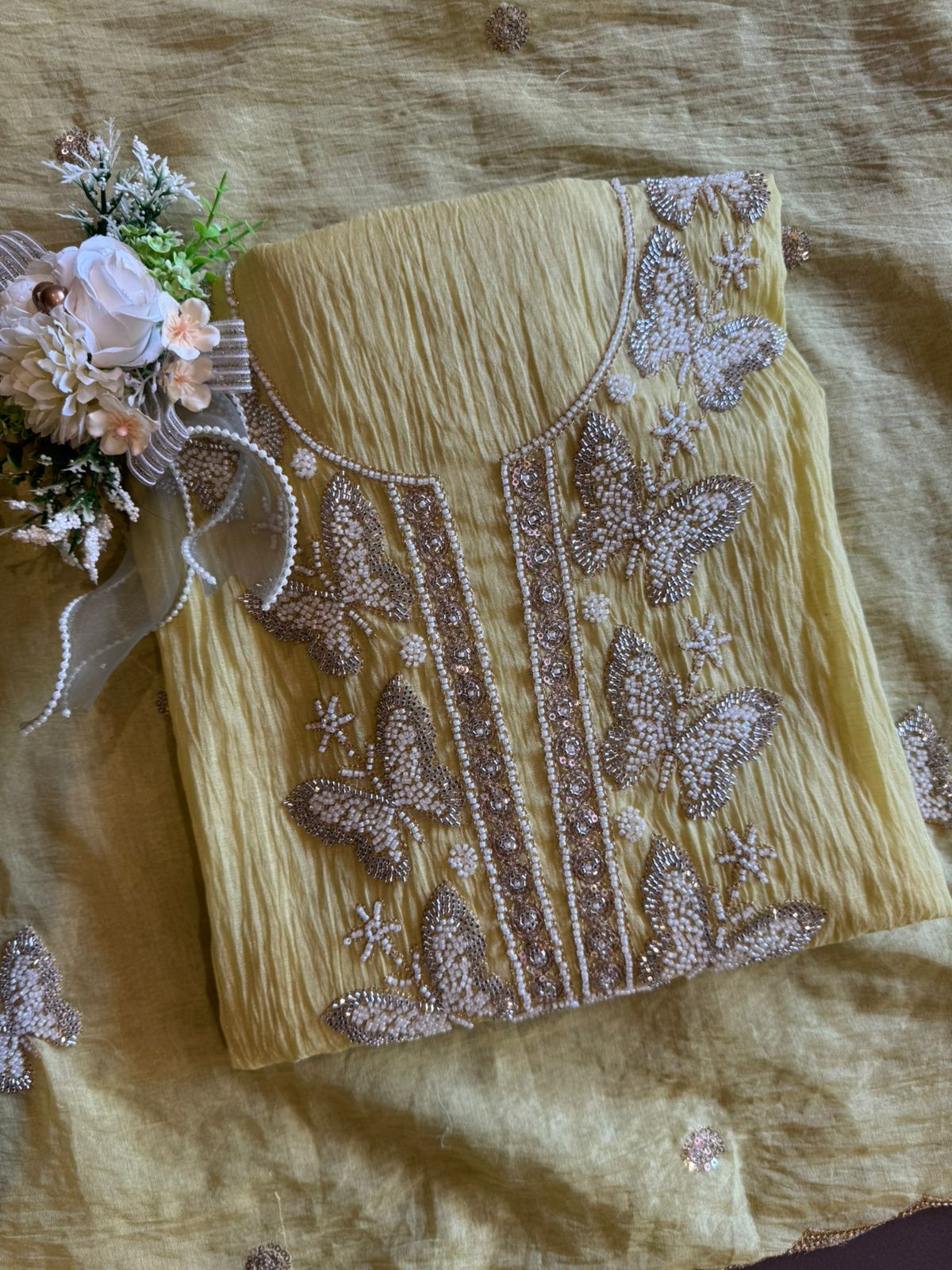 Hand Embellished Butterfly Unstitched suit Set