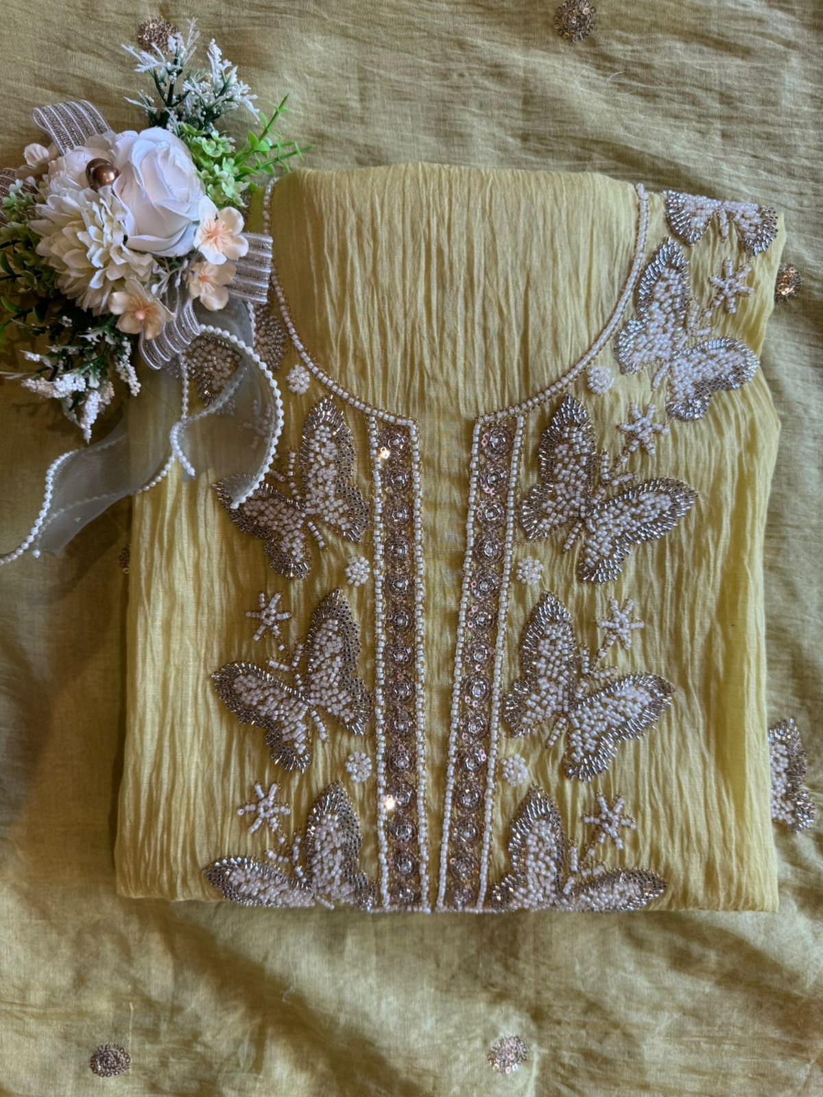 Hand Embellished Butterfly Unstitched suit Set