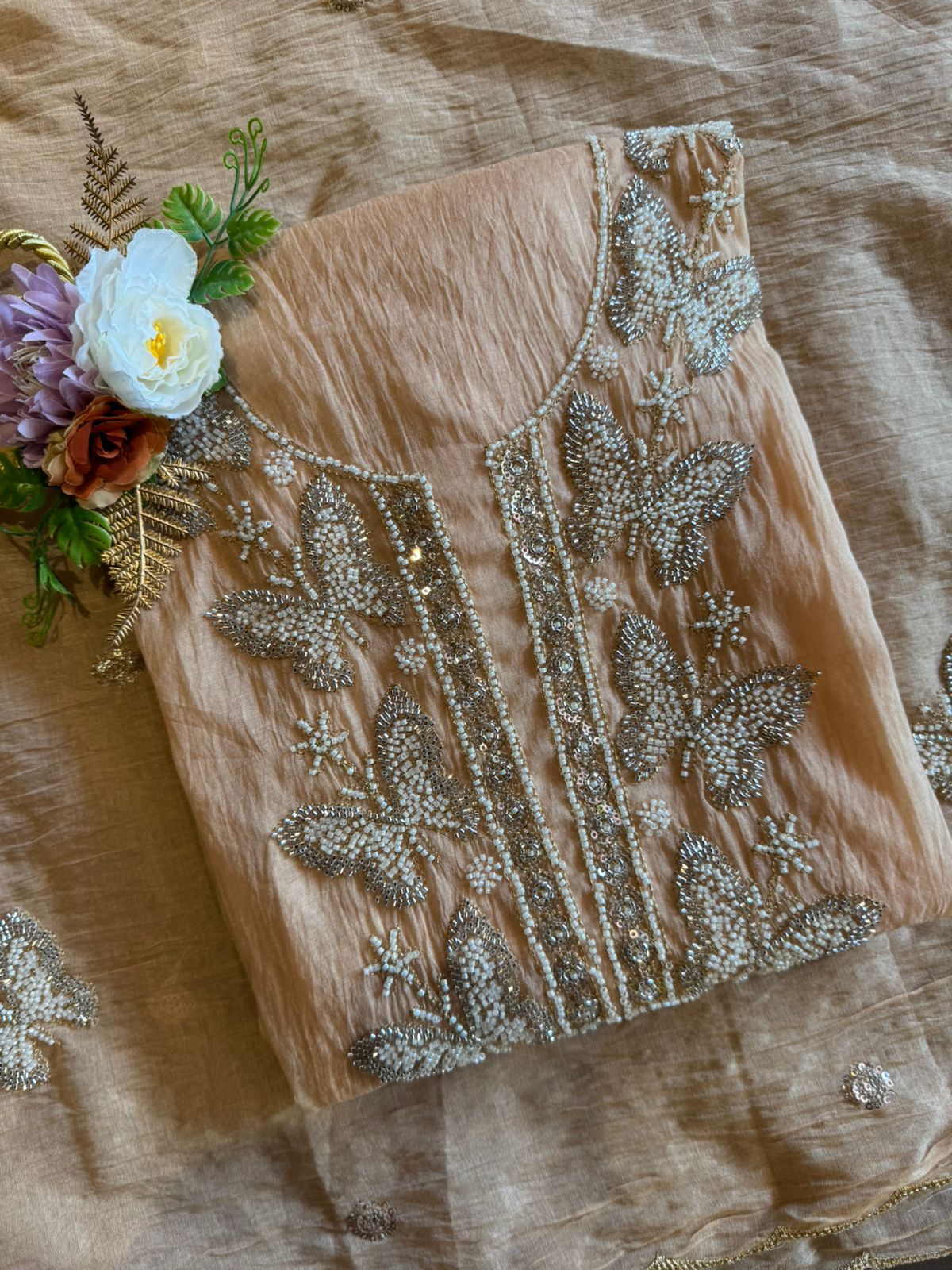 Hand Embellished Butterfly Unstitched suit Set