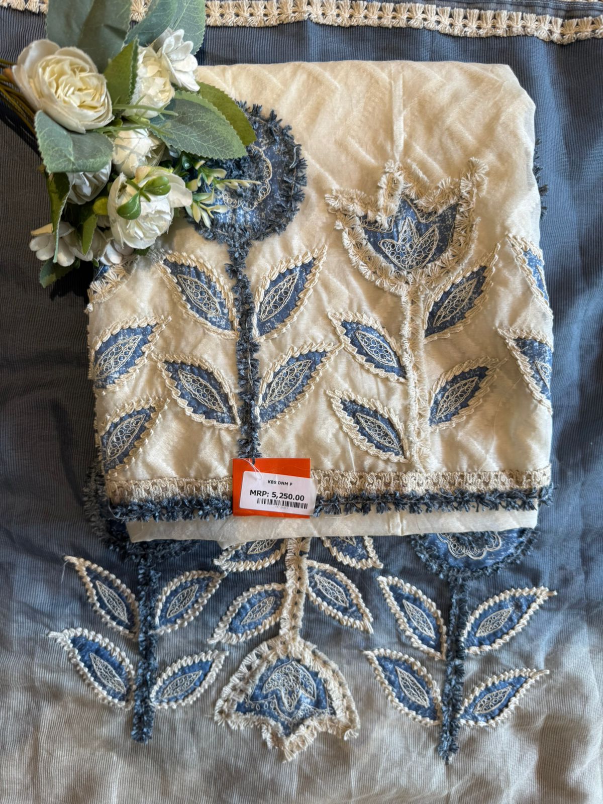 Ivory & Slate Blue Textured Embroidered Designer suit