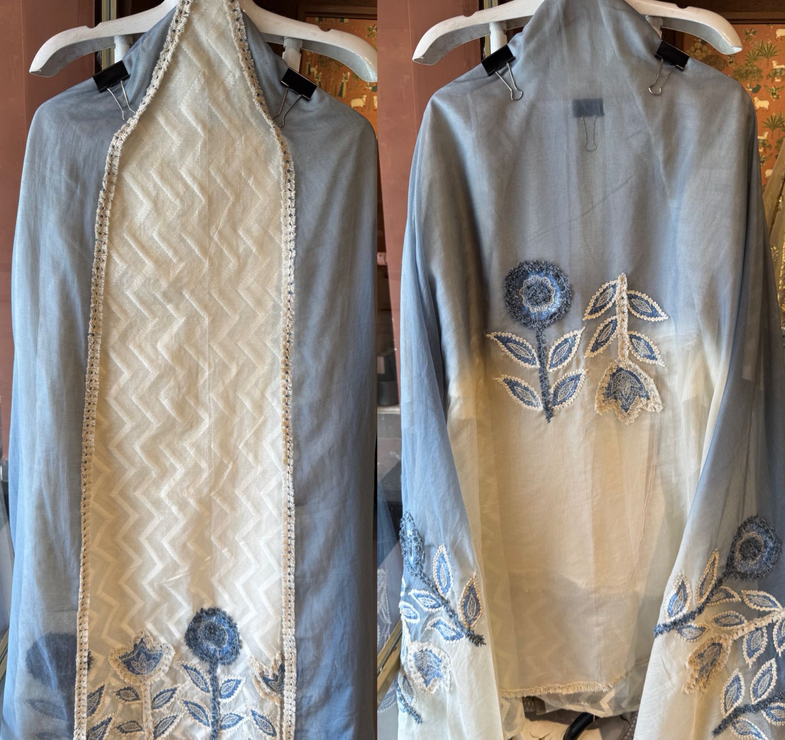 Ivory & Slate Blue Textured Embroidered Designer suit