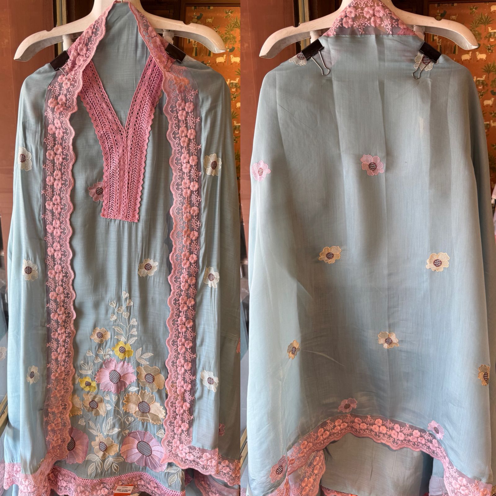 Scalloped Embroidered Pastel Muslin Ensemble