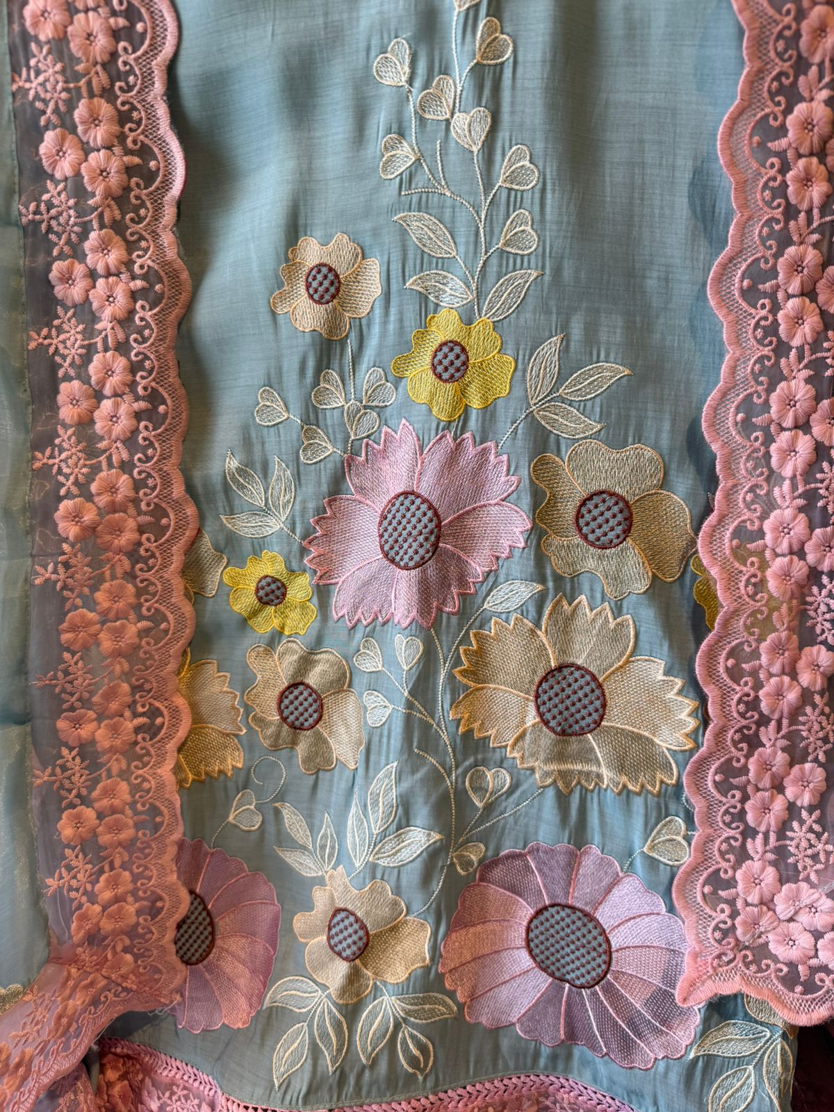 Scalloped Embroidered Pastel Muslin Ensemble