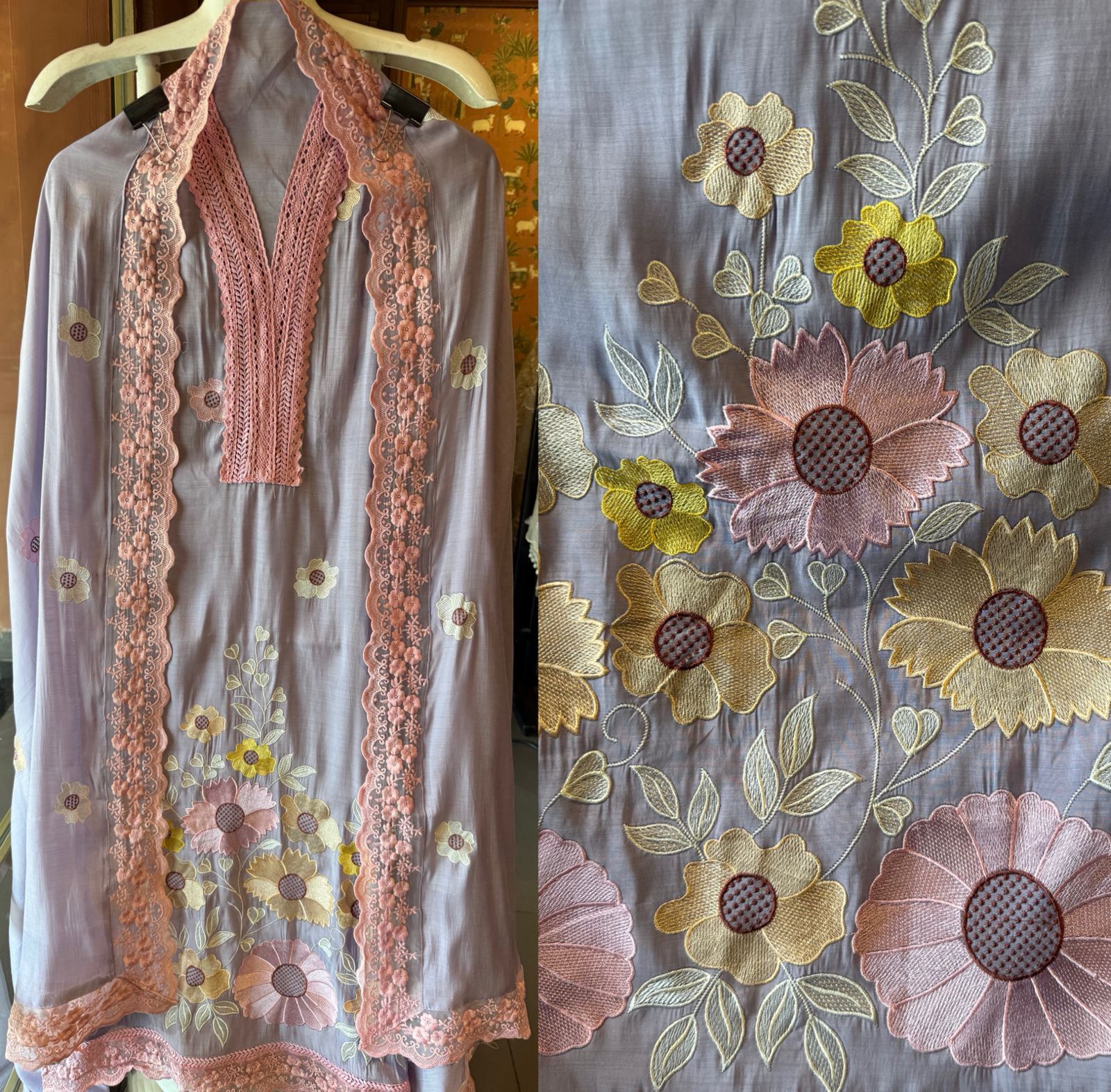 Scalloped Embroidered Pastel Muslin Ensemble