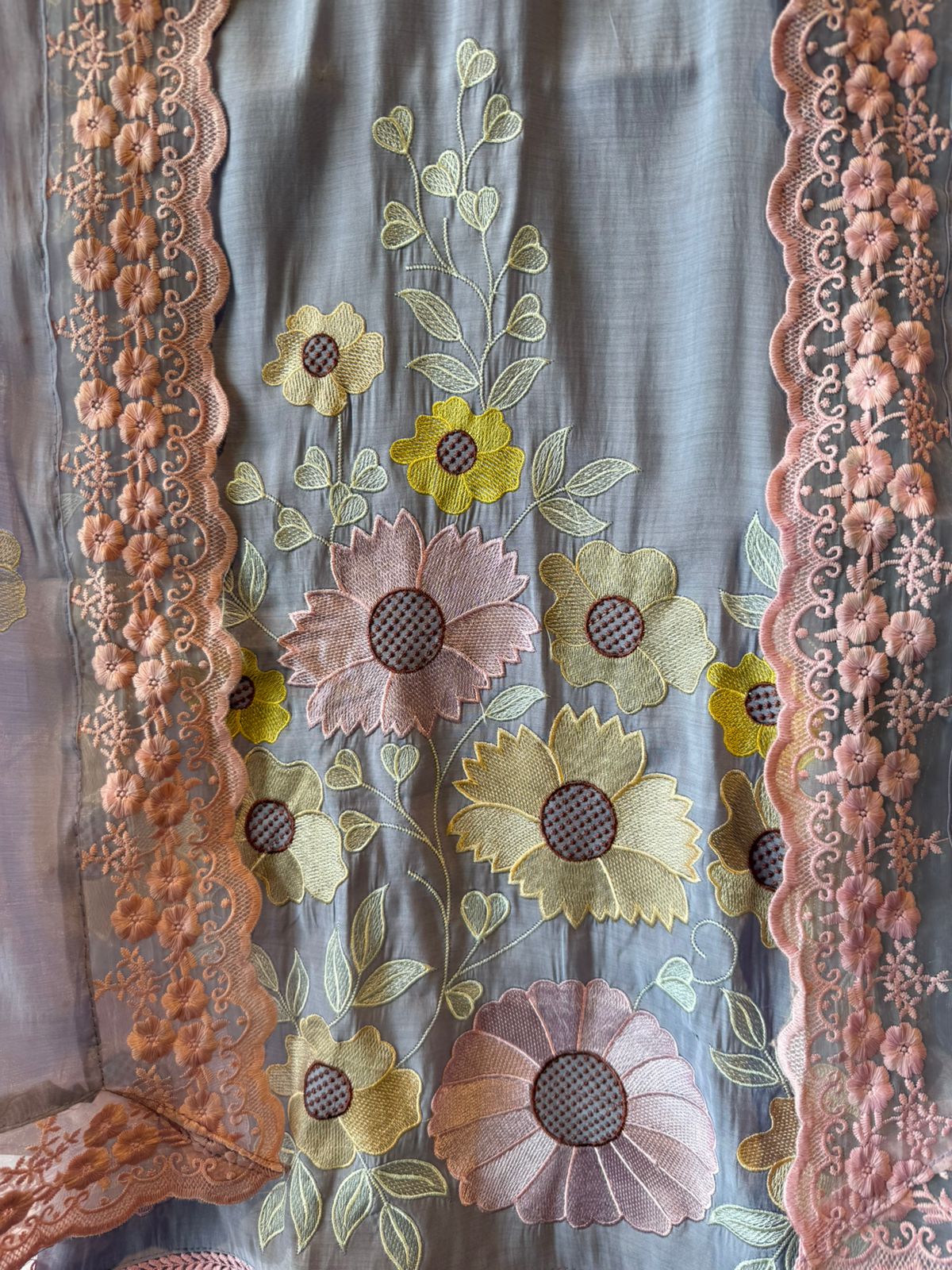 Scalloped Embroidered Pastel Muslin Ensemble
