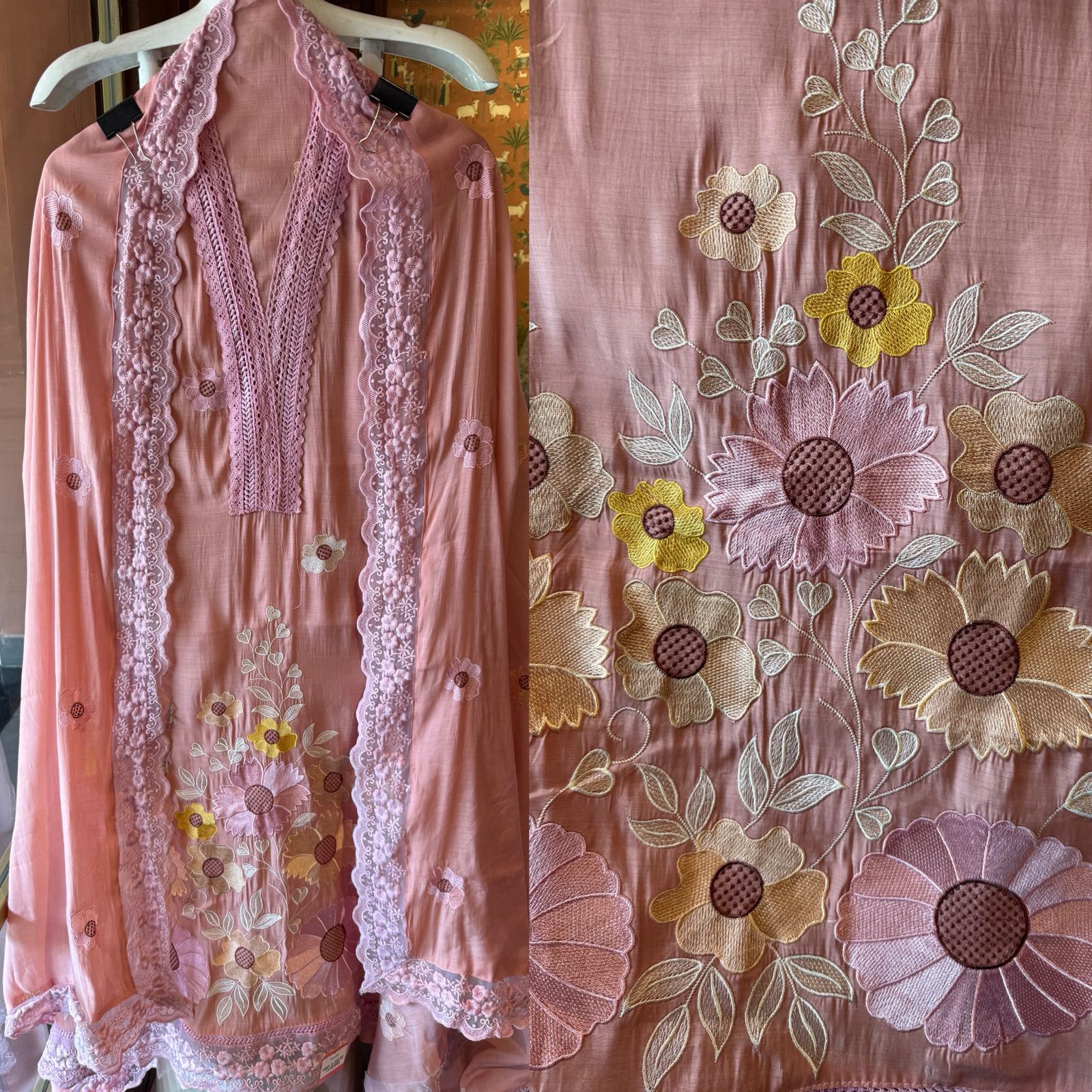 Scalloped Embroidered Pastel Muslin Ensemble