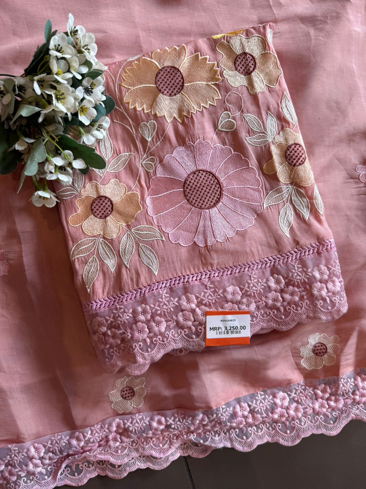 Scalloped Embroidered Pastel Muslin Ensemble