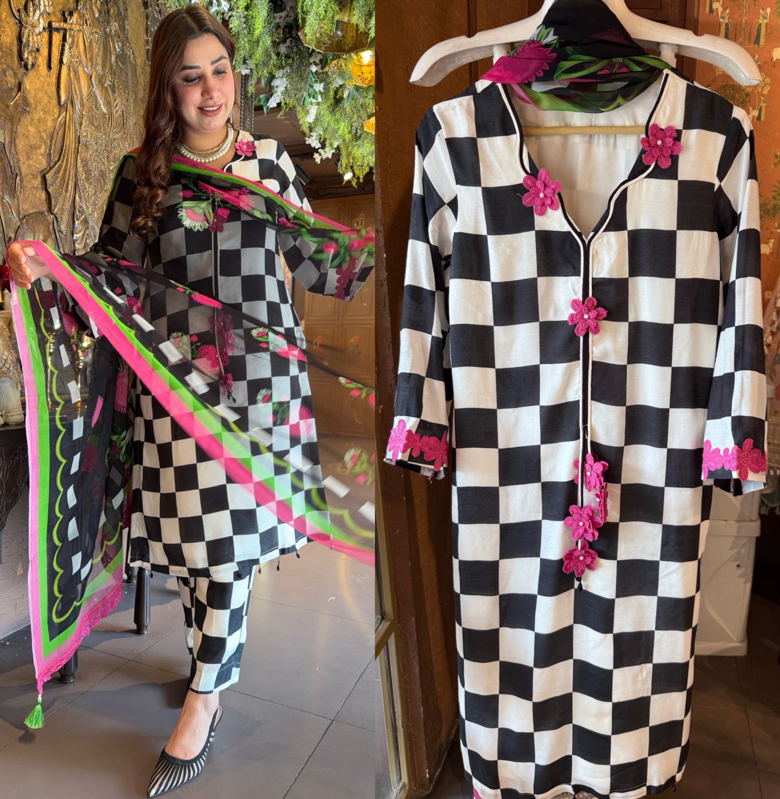 Black & White Check Set with Dupatta and pants
