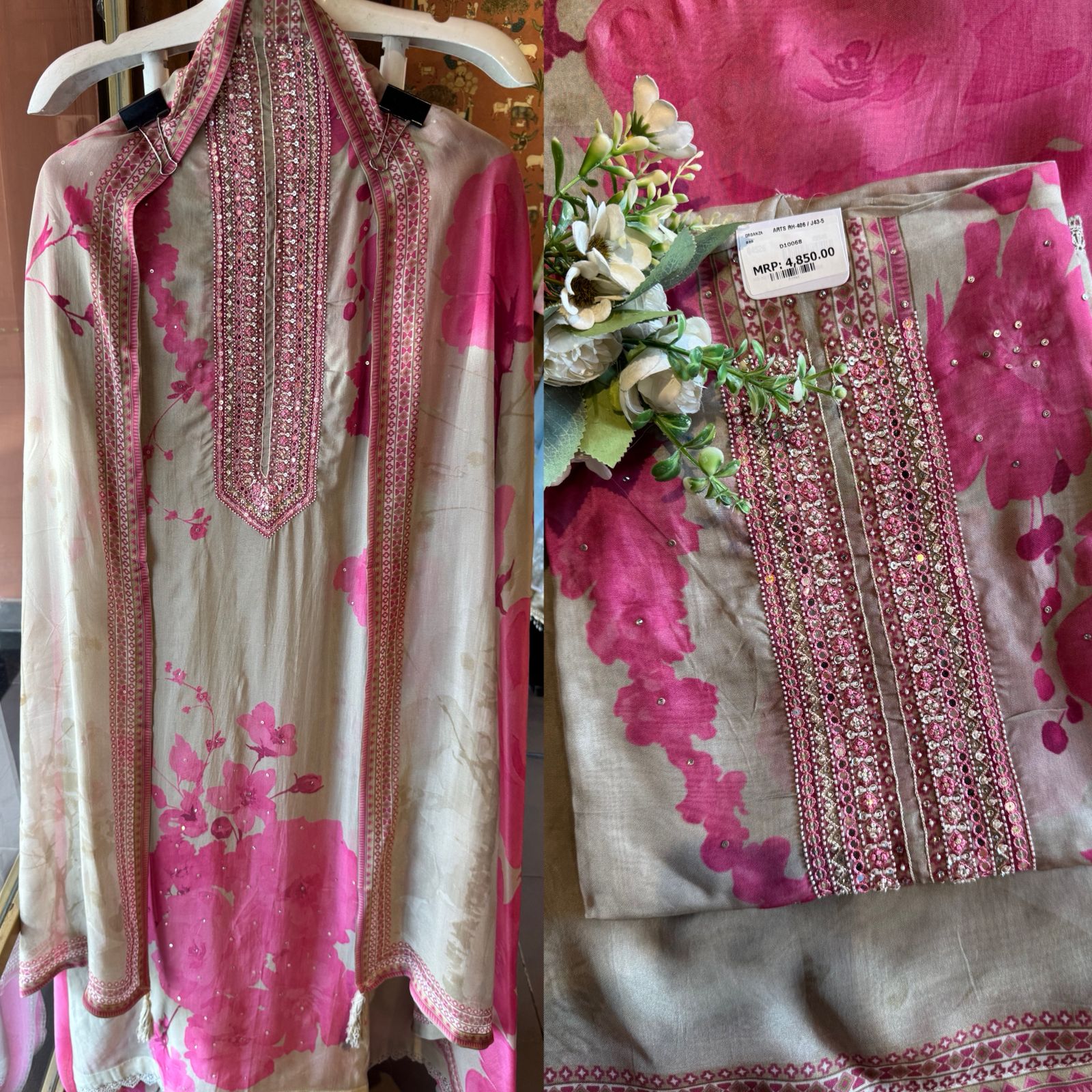 Pink Floral Printed Unstitched Suit Set