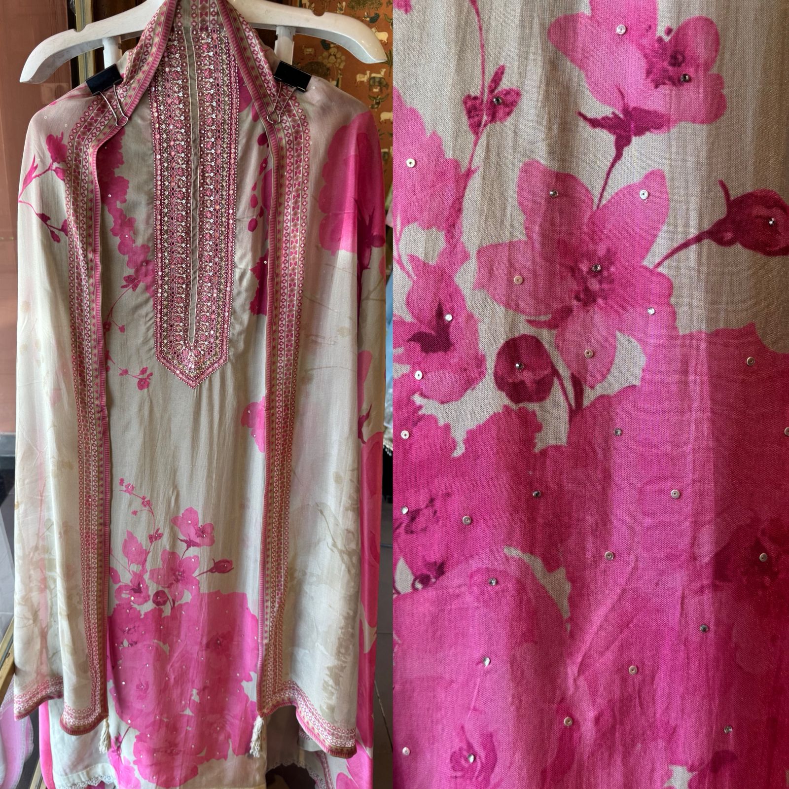Pink Floral Printed Unstitched Suit Set