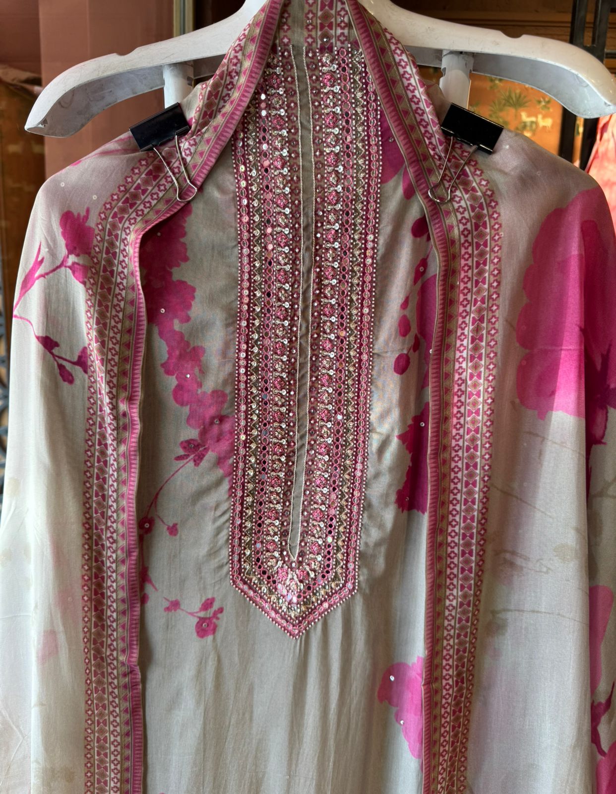 Pink Floral Printed Unstitched Suit Set